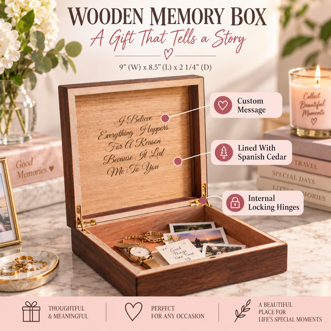 Open wooden memory box with a script message engraved inside the lid, a Spanish cedar lining, internal hinges, and photos and a watch stored inside