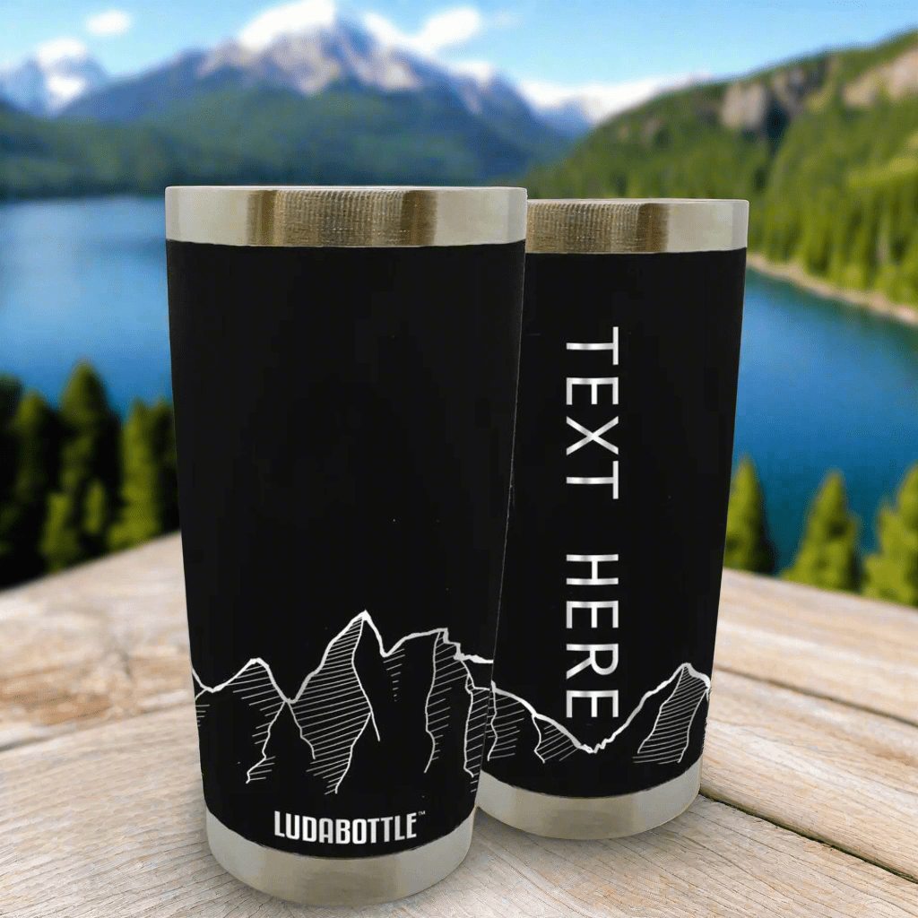 Personalized Black Insulated Tumbler with Mountain Design and Silver Trim