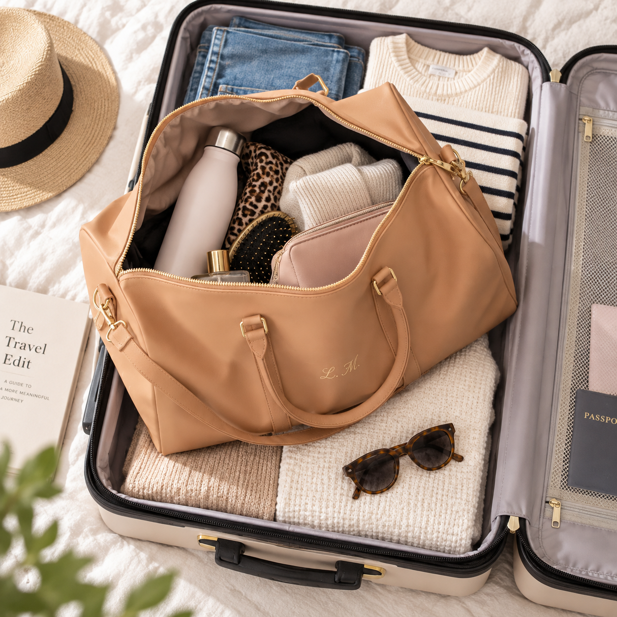 A beige tote bag packed inside an open suitcase with travel items like jeans, a sweater, a water bottle, sunglasses, and a hat on a white textured surface.