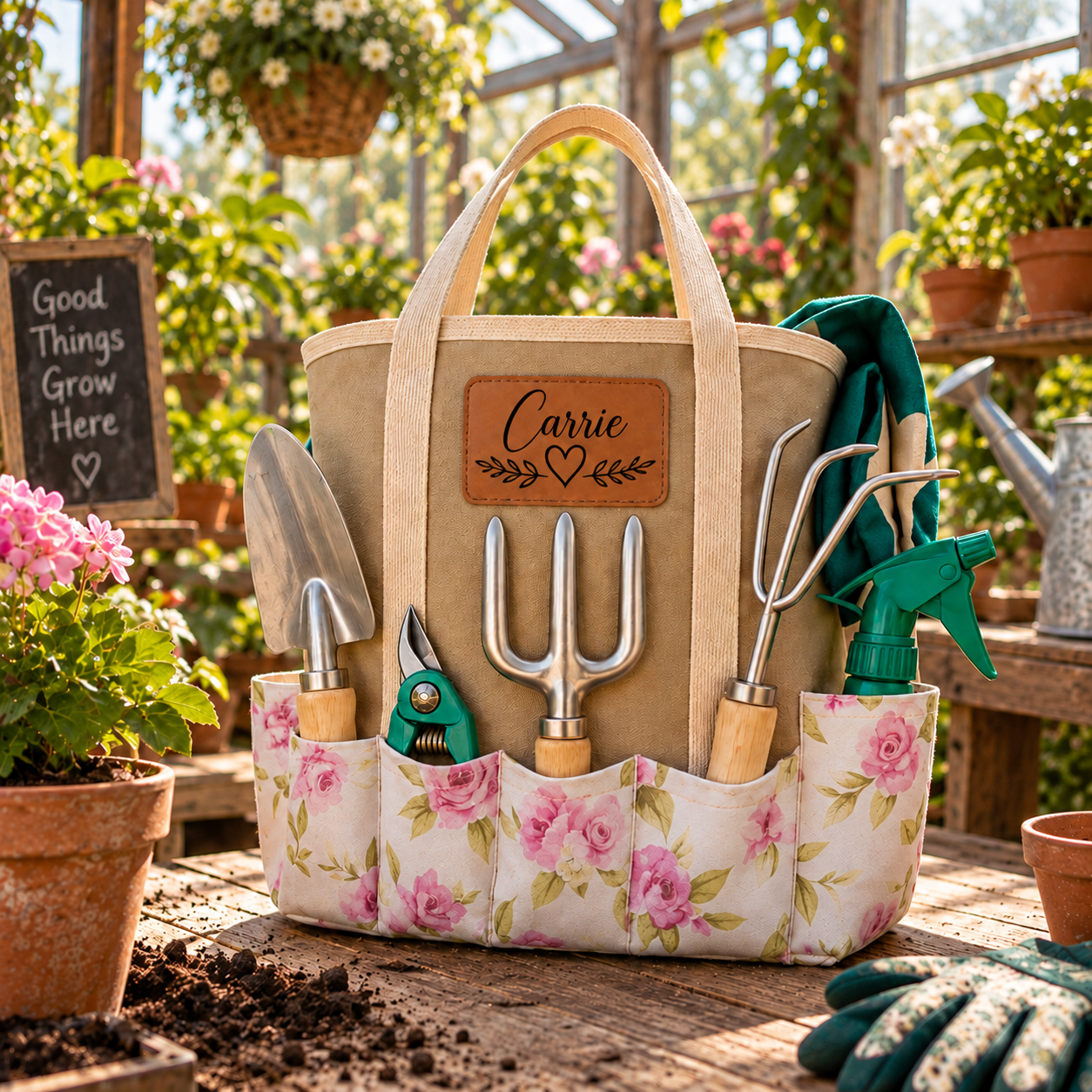 A beige canvas garden tool tote bag with a floral pink-and-cream front pocket, holding gardening tools including a trowel, cultivator, fork, and spray bottle. The bag has a brown leather patch on the front with the word 'Granny' and is set on a wooden table inside a greenhouse with potted plants in the background.