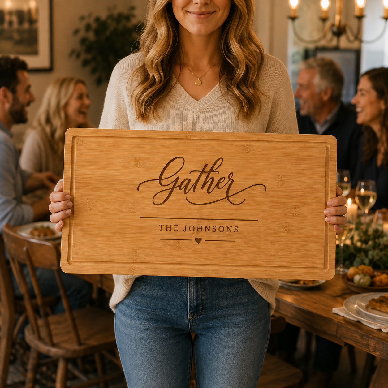 A woman in a cozy dining room setting holds up a personalized bamboo cutting board engraved with the word 'Gather' and the name 'THE JOHNSONS'.
