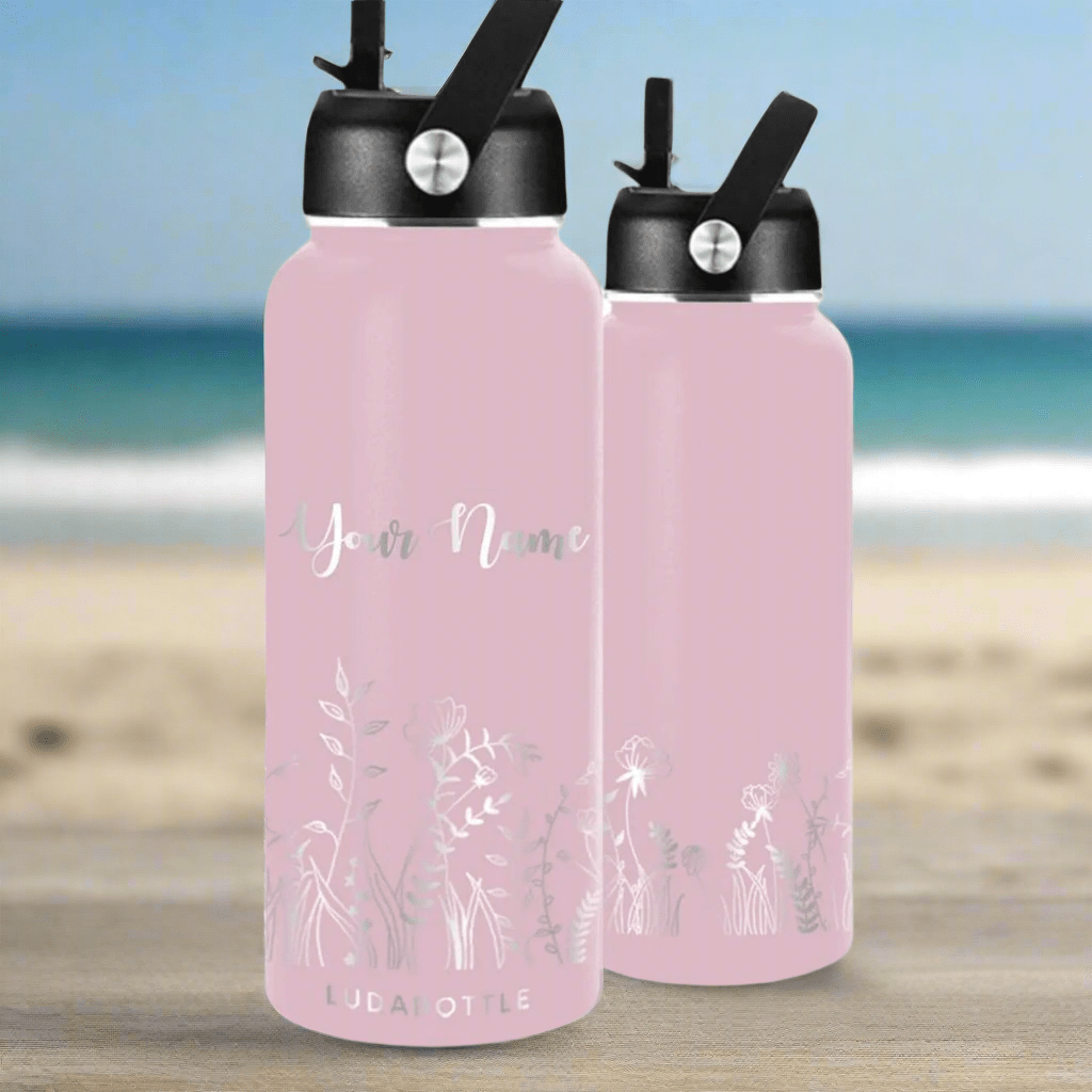 Personalized Pink Water Bottle with Floral Design