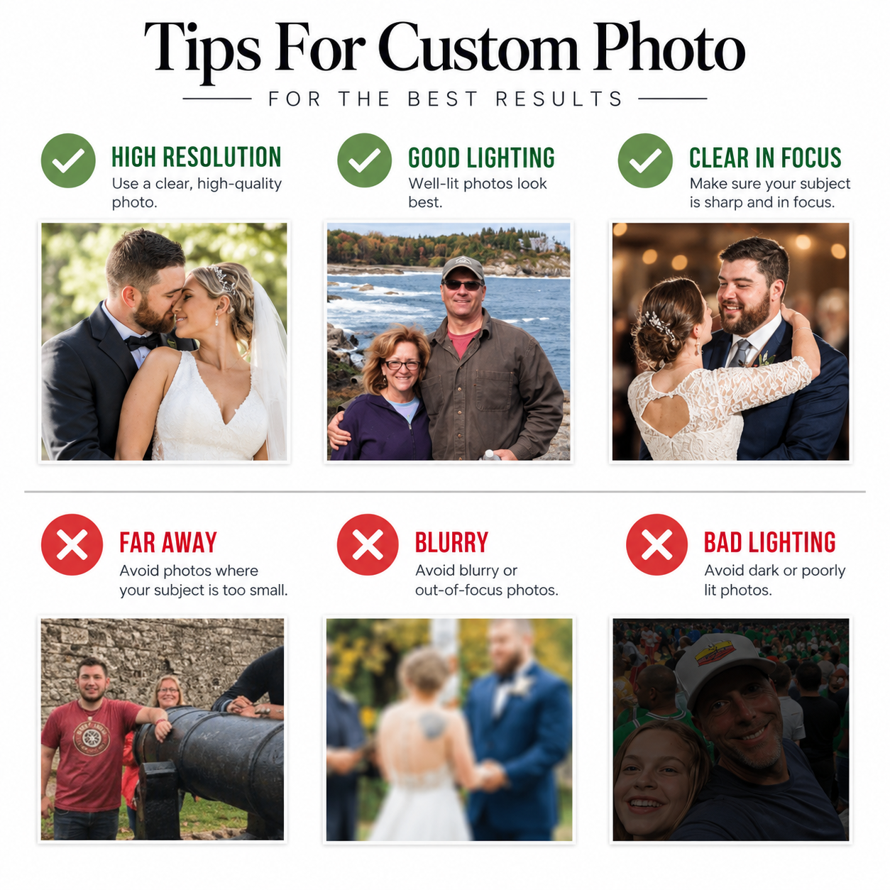 An infographic titled 'Tips For Custom Photo' with six example photos and text tips for high resolution, good lighting, clear focus, avoiding blurry or far-away photos, and avoiding bad lighting.