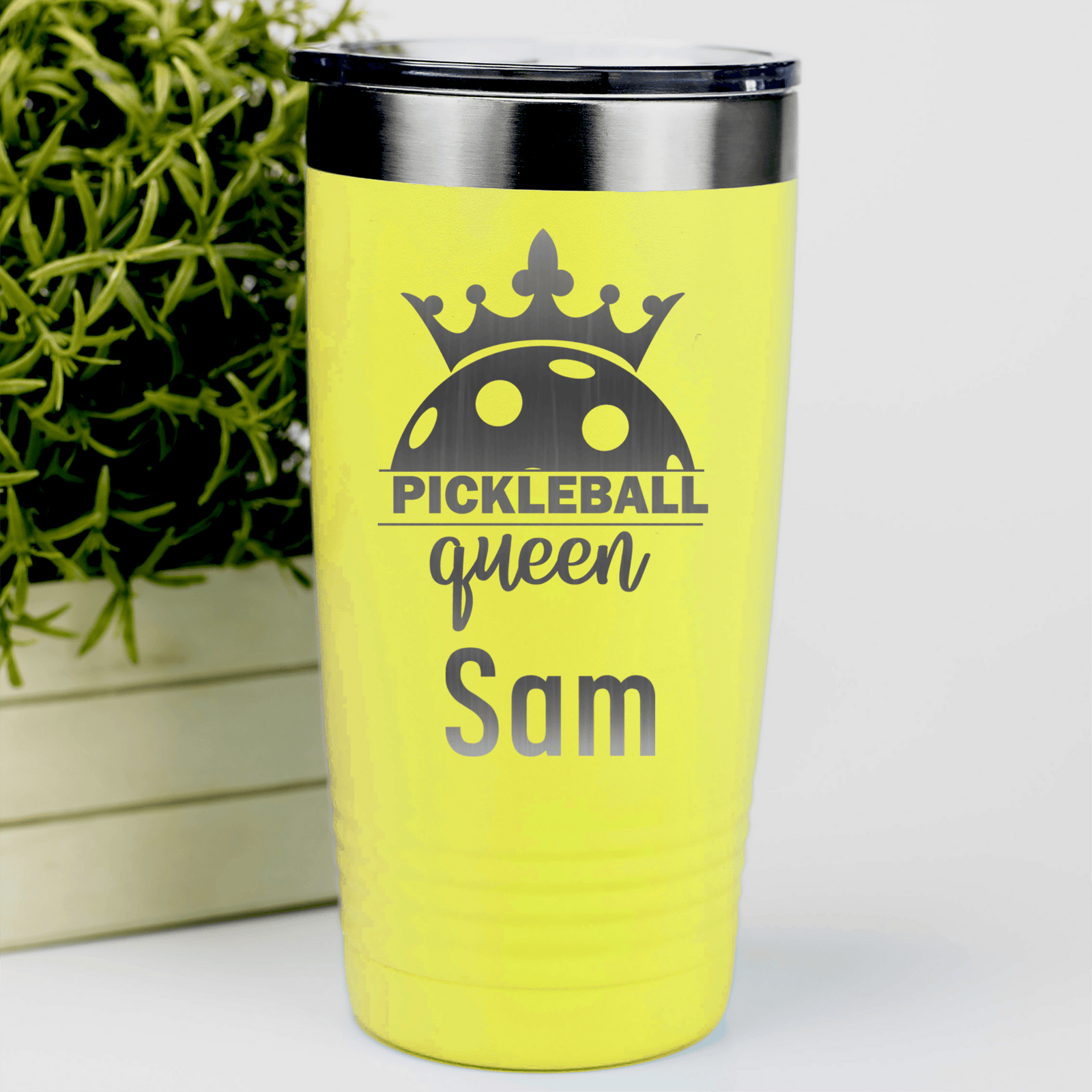 Yellow Pickleball Tumbler With Pickle Queen Design