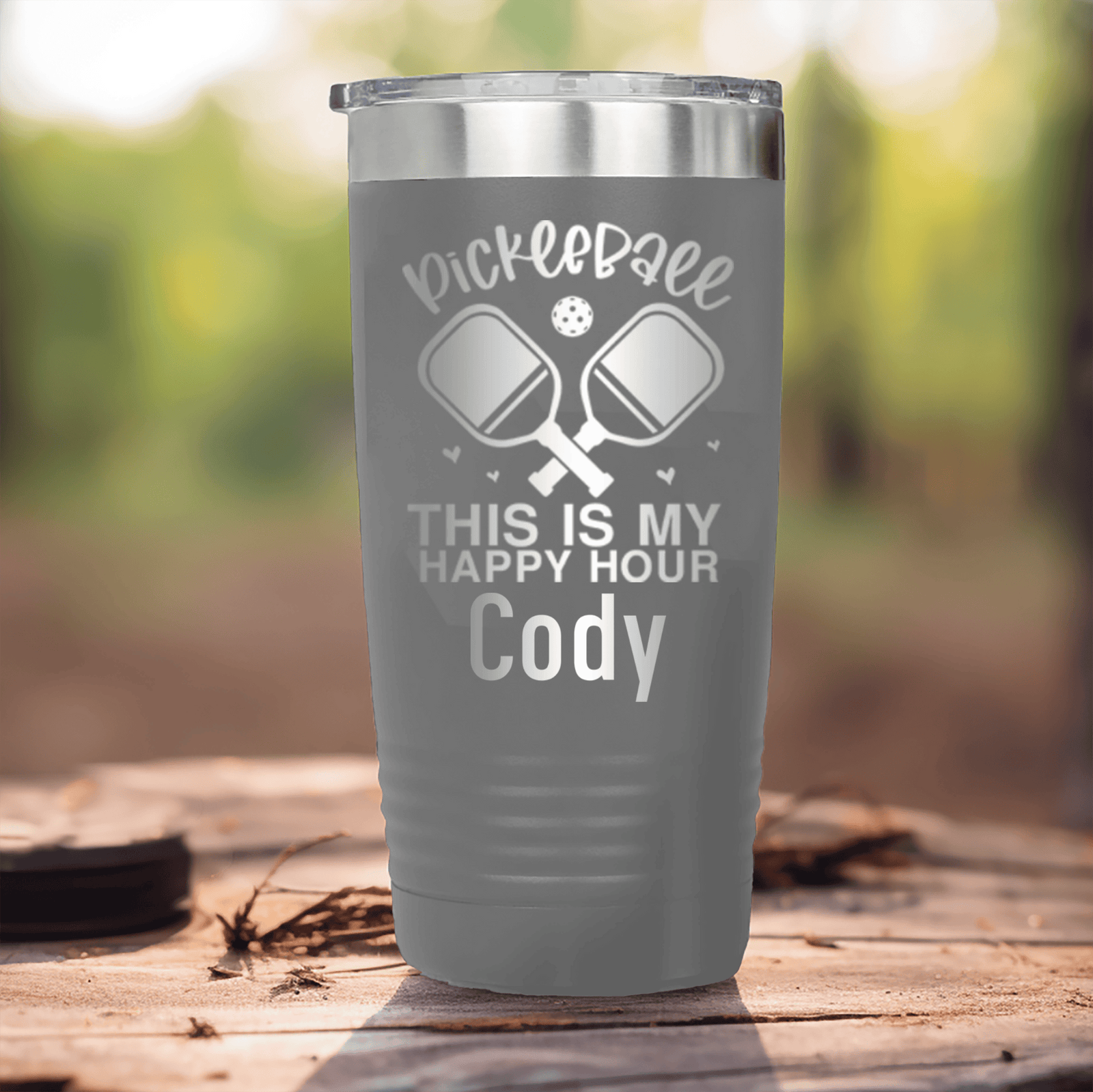 Grey Pickleball Tumbler With Pickleball Happy Hour Design