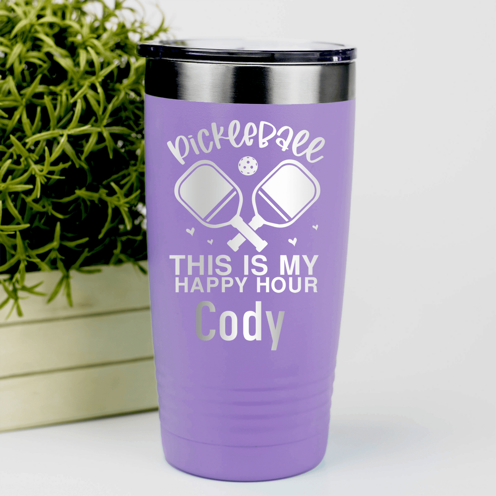 Light Purple Pickleball Tumbler With Pickleball Happy Hour Design