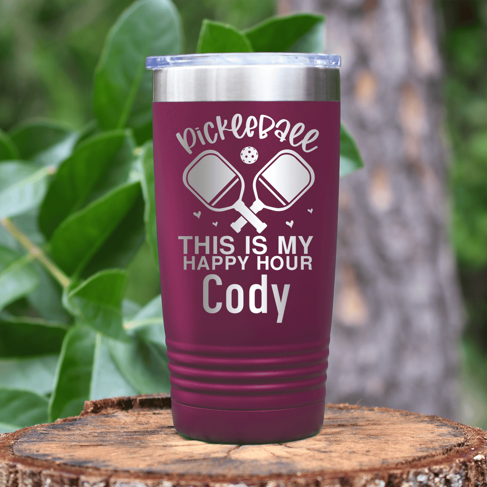 Maroon Pickleball Tumbler With Pickleball Happy Hour Design