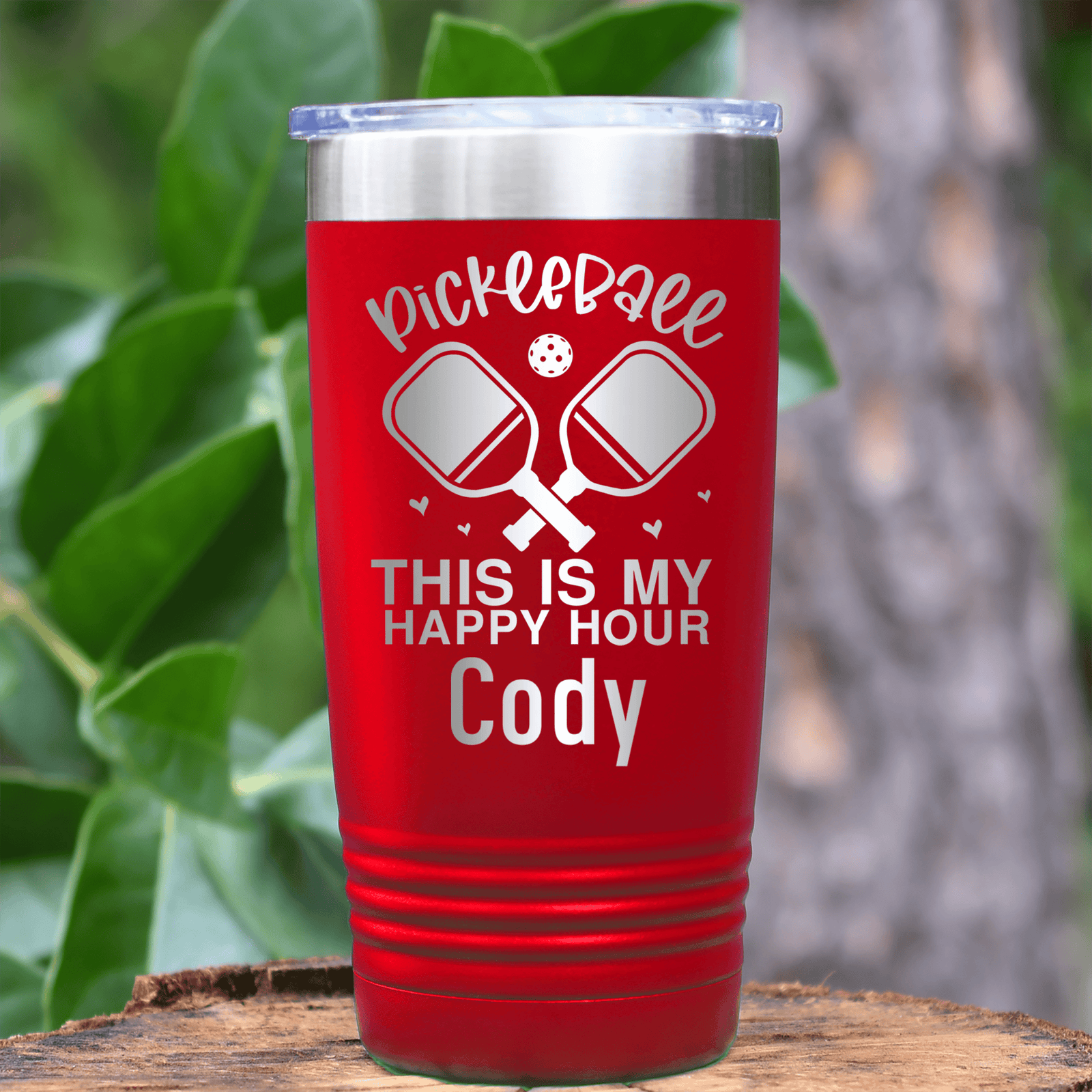 Red Pickleball Tumbler With Pickleball Happy Hour Design