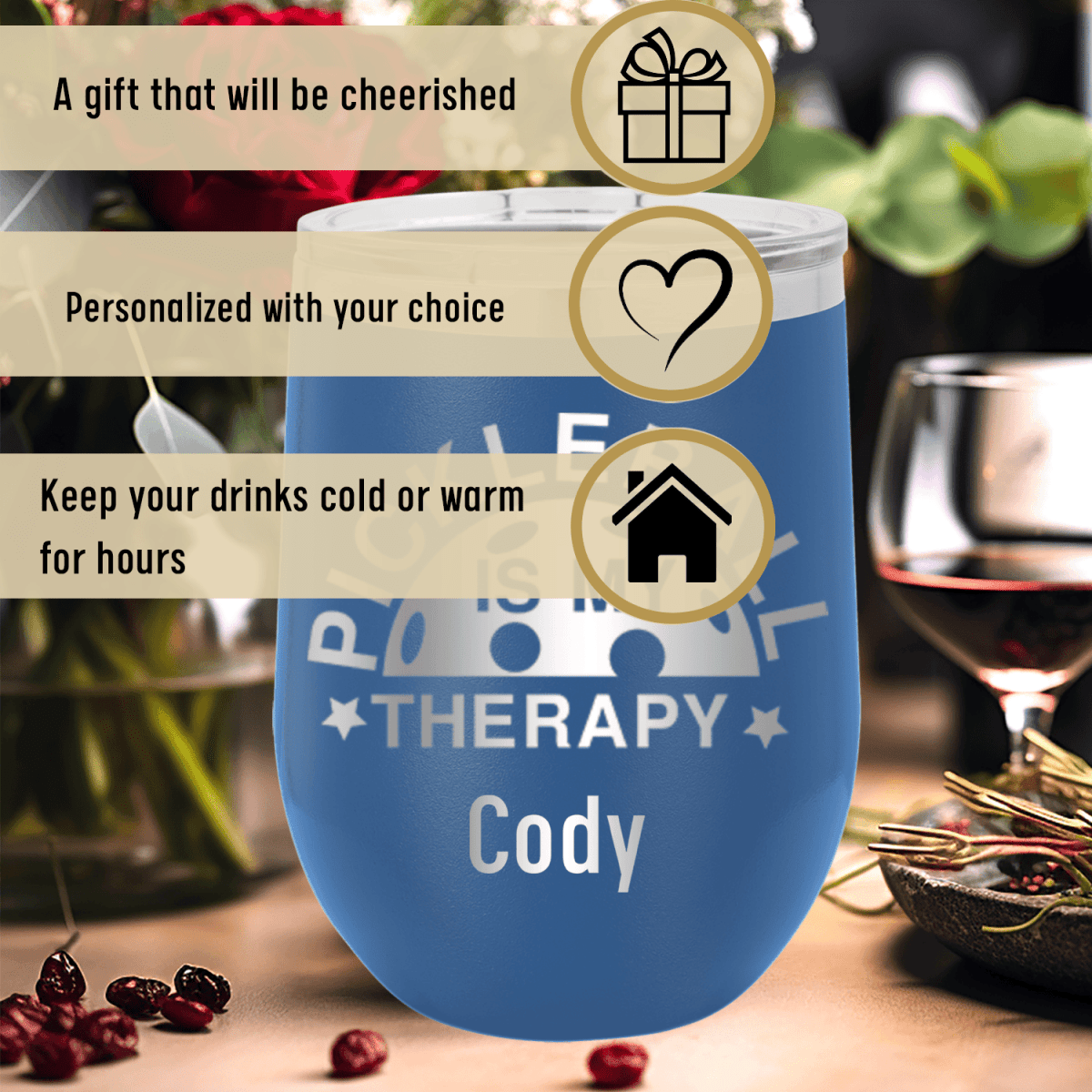 Personalized Pickleball Therapy Wine Tumbler for her, Customized Gifts for Women by Groovy Girl Gifts