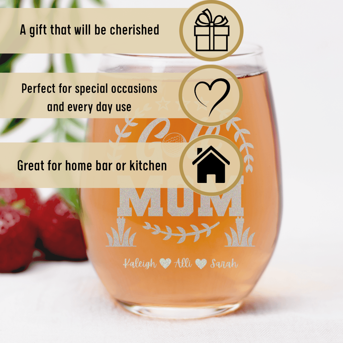 Personalized Professional Golf Mom Stemless Wine Glass for her, Customized Gifts for Women by Groovy Girl Gifts