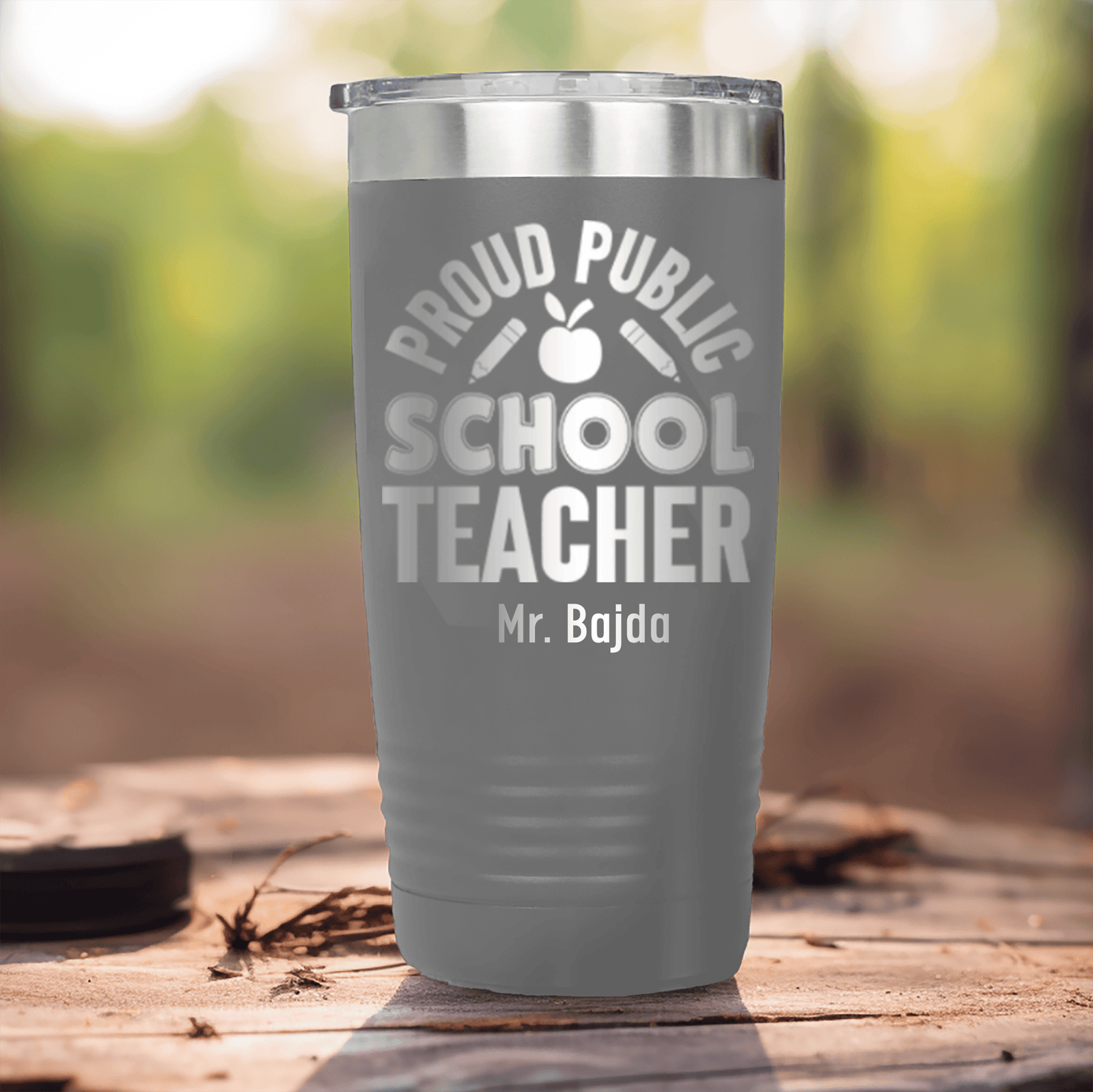 Grey Teacher Tumbler With Proud Public School Teacher Design