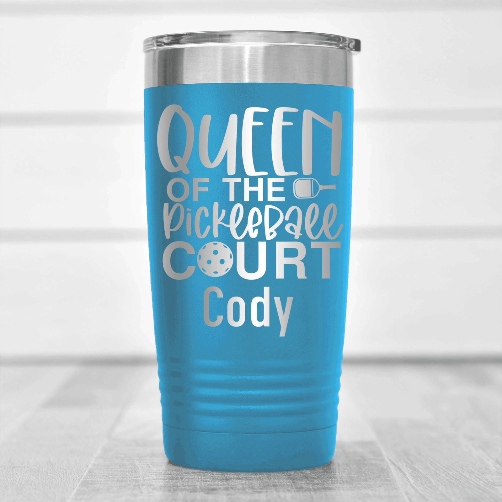 Light Blue Pickleball Tumbler With Queen Of The Pickleball Court Design