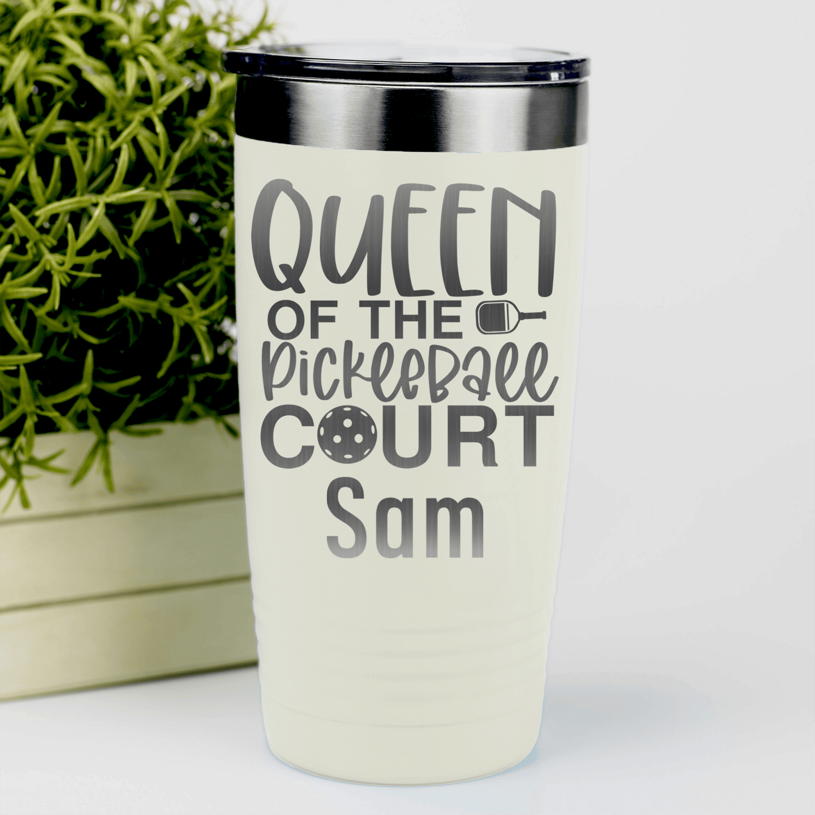 White Pickleball Tumbler With Queen Of The Pickleball Court Design