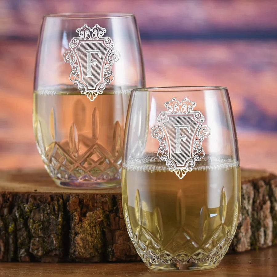 Waterford Lismore personalized stemless wine glass set with sand-carved initial