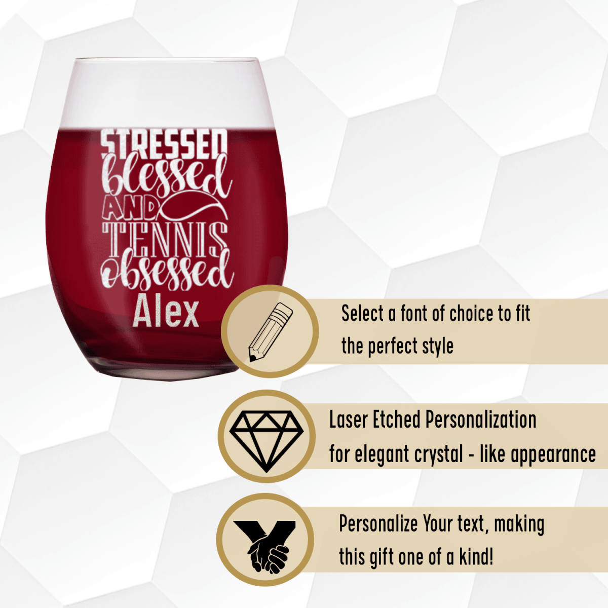 Personalized Stressed Blessed Tennis Stemless Wine Glass for her, Customized Gifts for Women by Groovy Girl Gifts