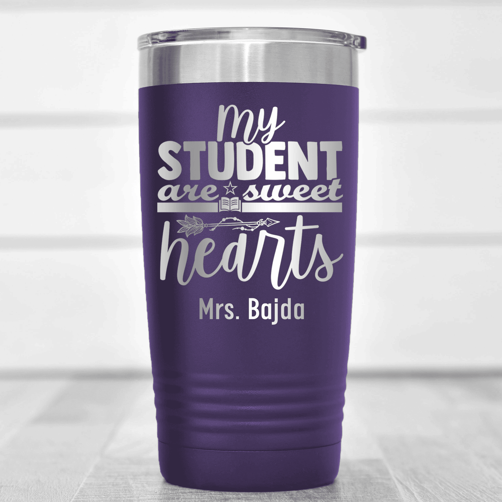 Purple Teacher Tumbler With Students Are Sweet Hearts Design