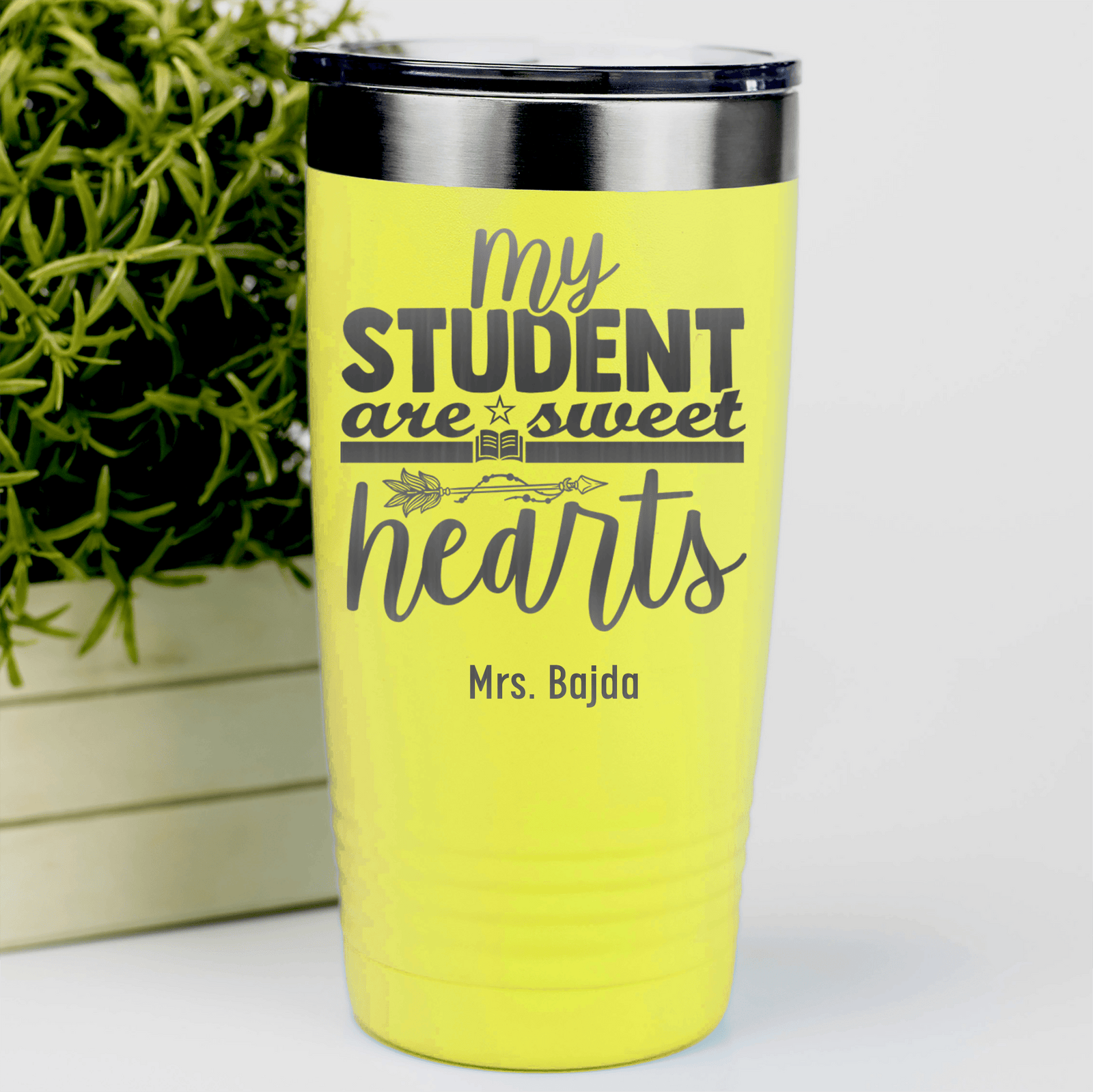 Yellow Teacher Tumbler With Students Are Sweet Hearts Design