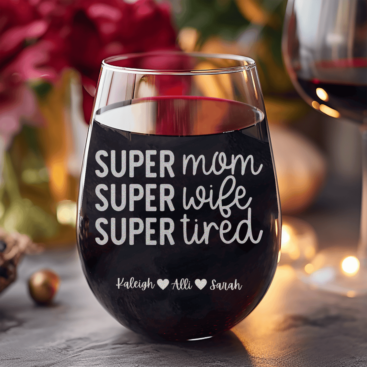 Personalized Super Wife Stemless Wine Glass for her, Customized Gifts for Women by Groovy Girl Gifts