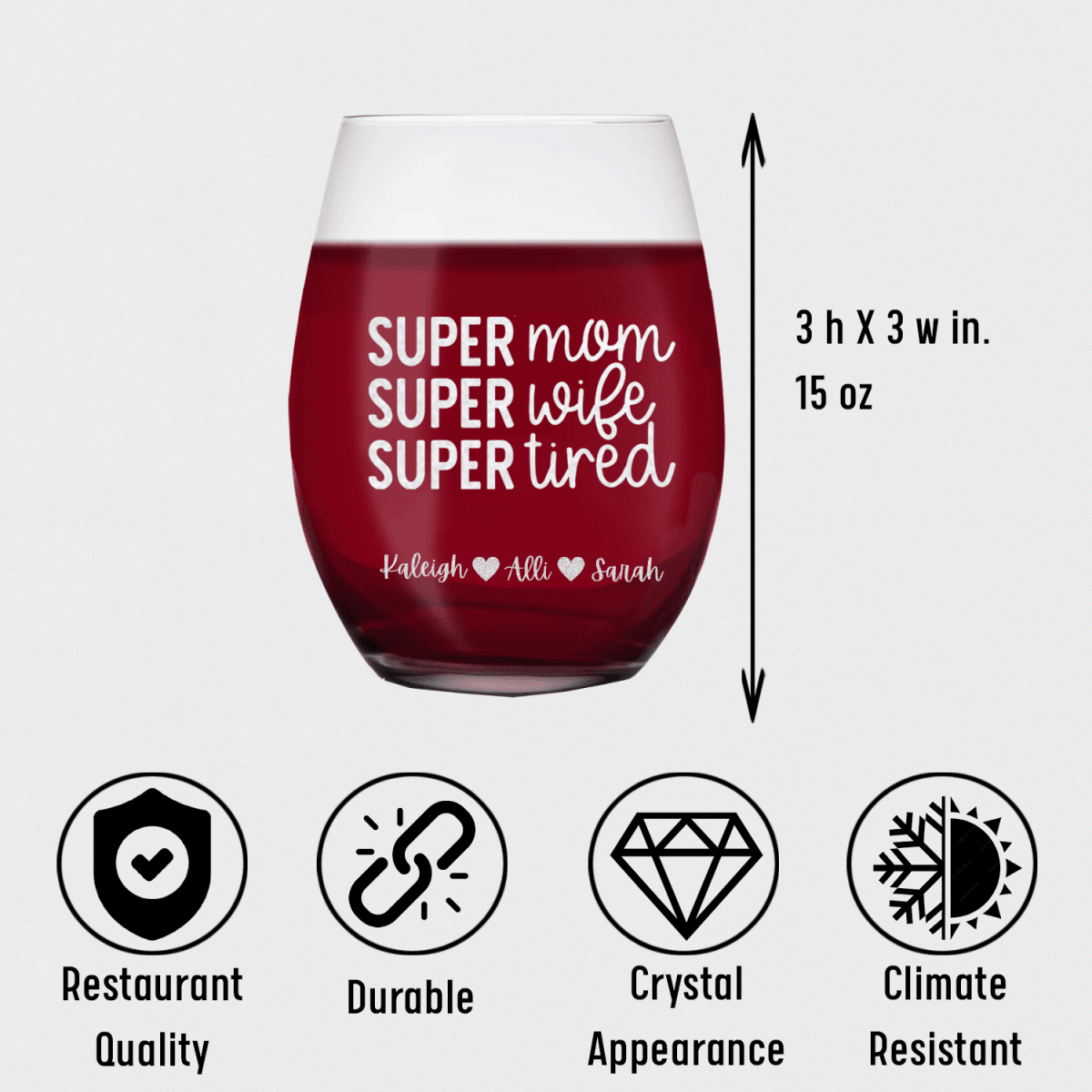 Personalized Super Wife Stemless Wine Glass for her, Customized Gifts for Women by Groovy Girl Gifts