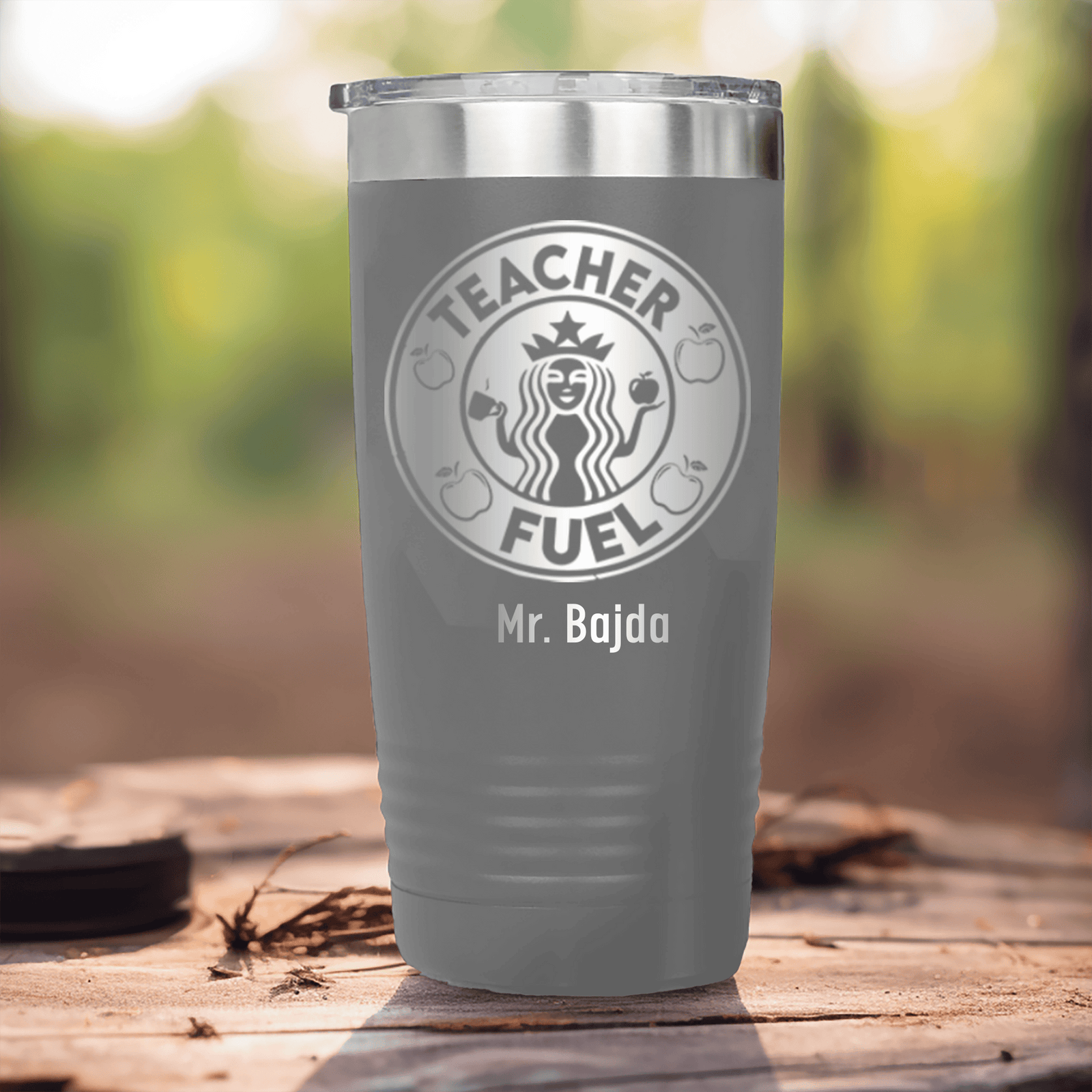 Grey Teacher Tumbler With Teacher Fuel Logo Design