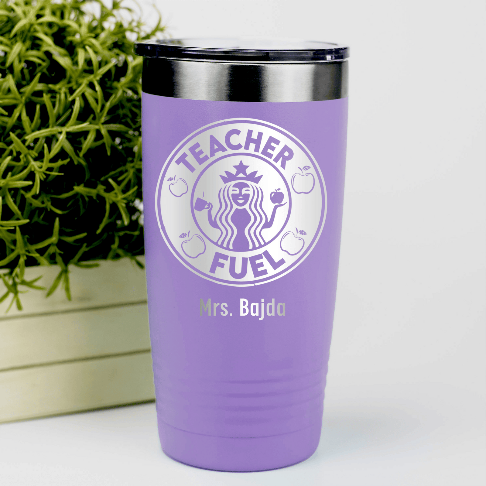 Light Purple Teacher Tumbler With Teacher Fuel Logo Design