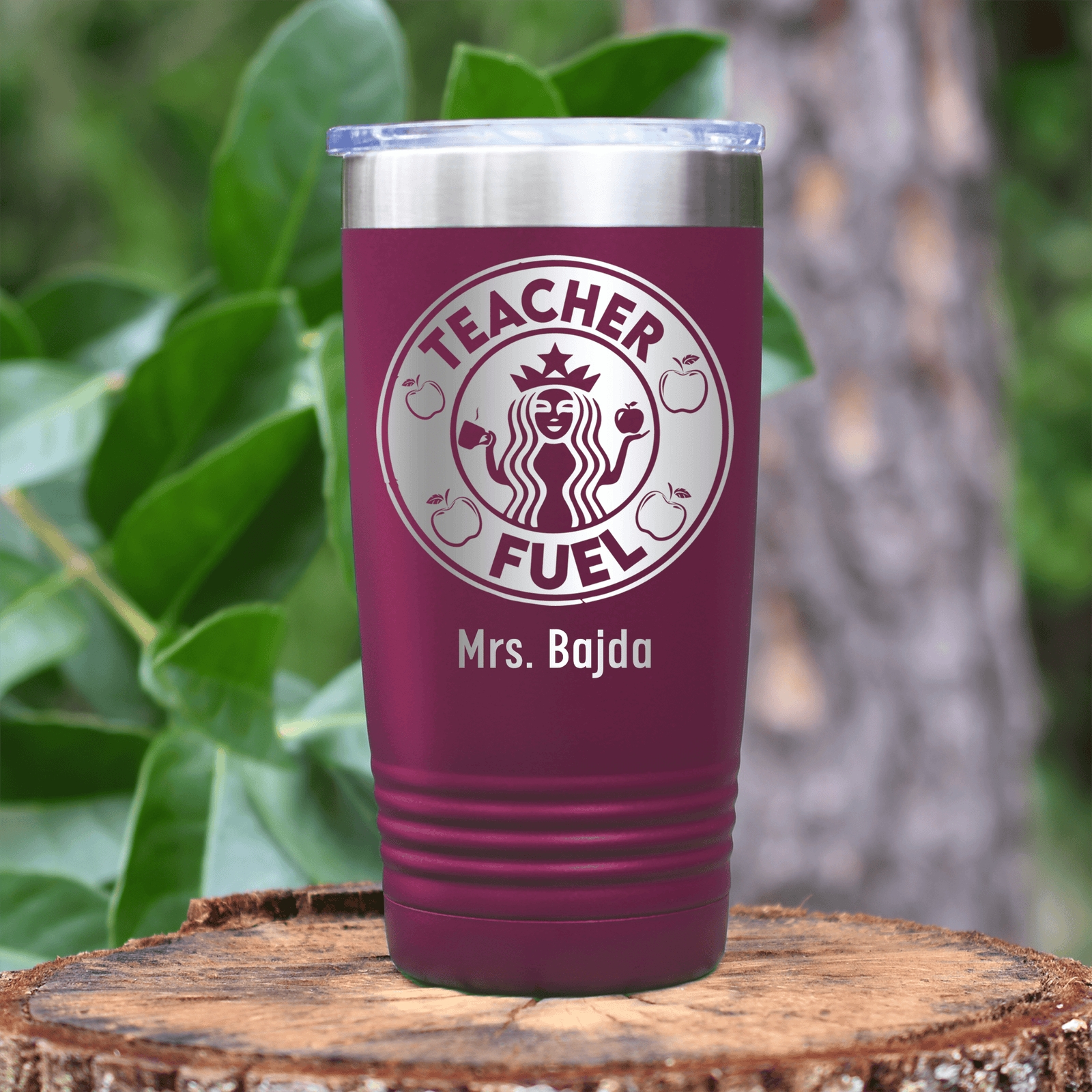 Maroon Teacher Tumbler With Teacher Fuel Logo Design