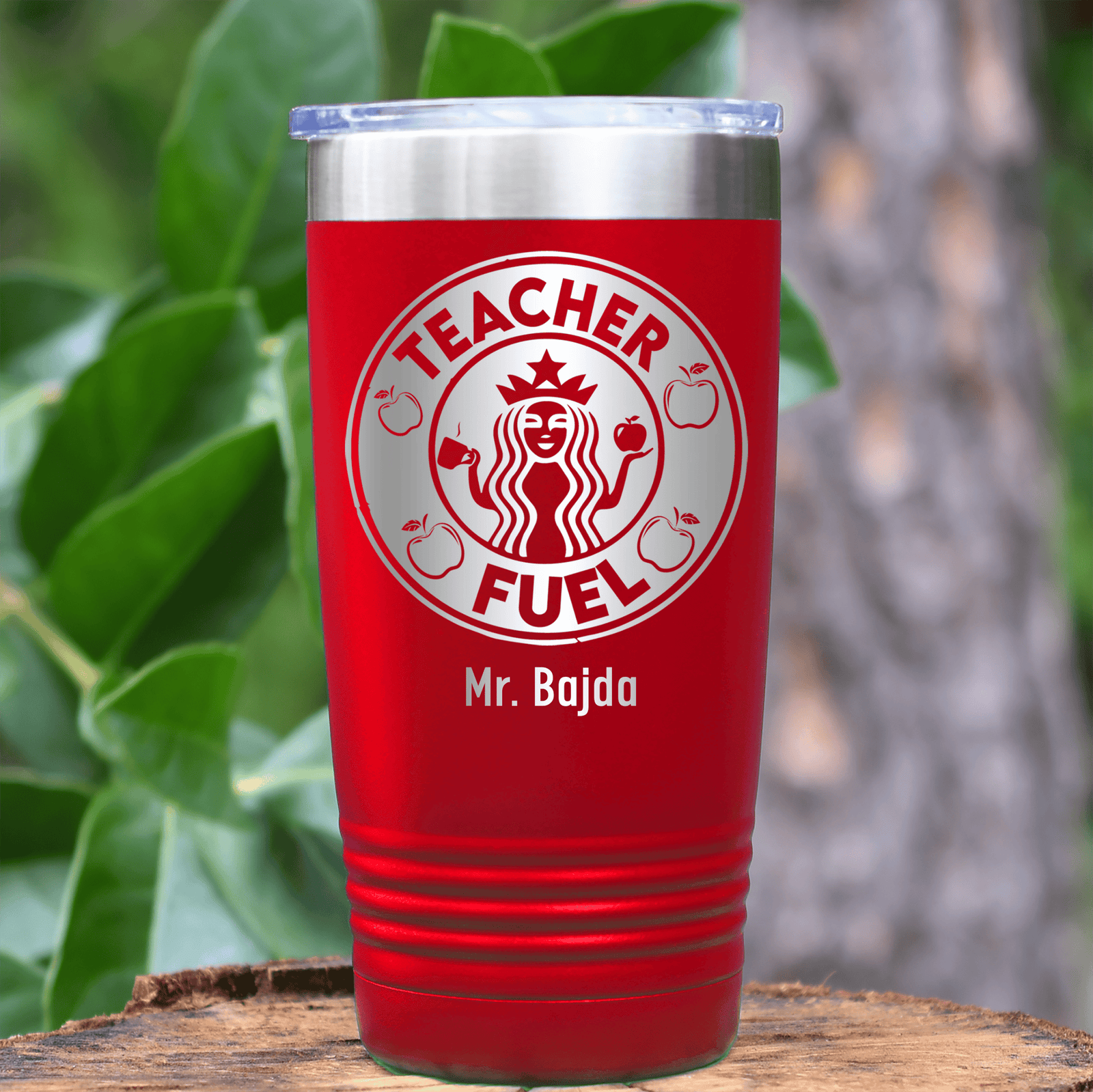 Red Teacher Tumbler With Teacher Fuel Logo Design