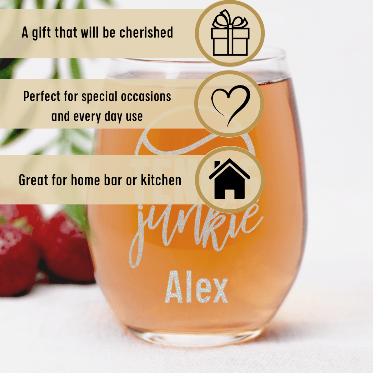 Personalized Tennis Junkie Stemless Wine Glass for her, Customized Gifts for Women by Groovy Girl Gifts