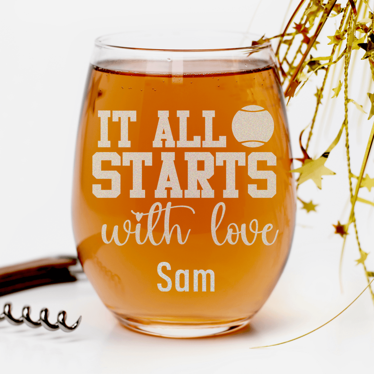 Personalized Tennis Starts With Love Stemless Wine Glass for her, Customized Gifts for Women by Groovy Girl Gifts