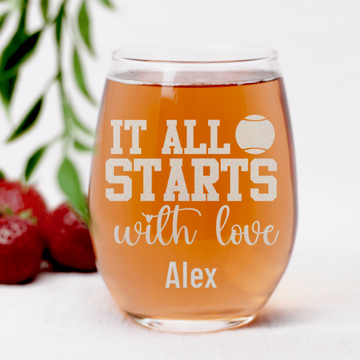 Personalized Tennis Starts With Love Stemless Wine Glass for her, Customized Gifts for Women by Groovy Girl Gifts