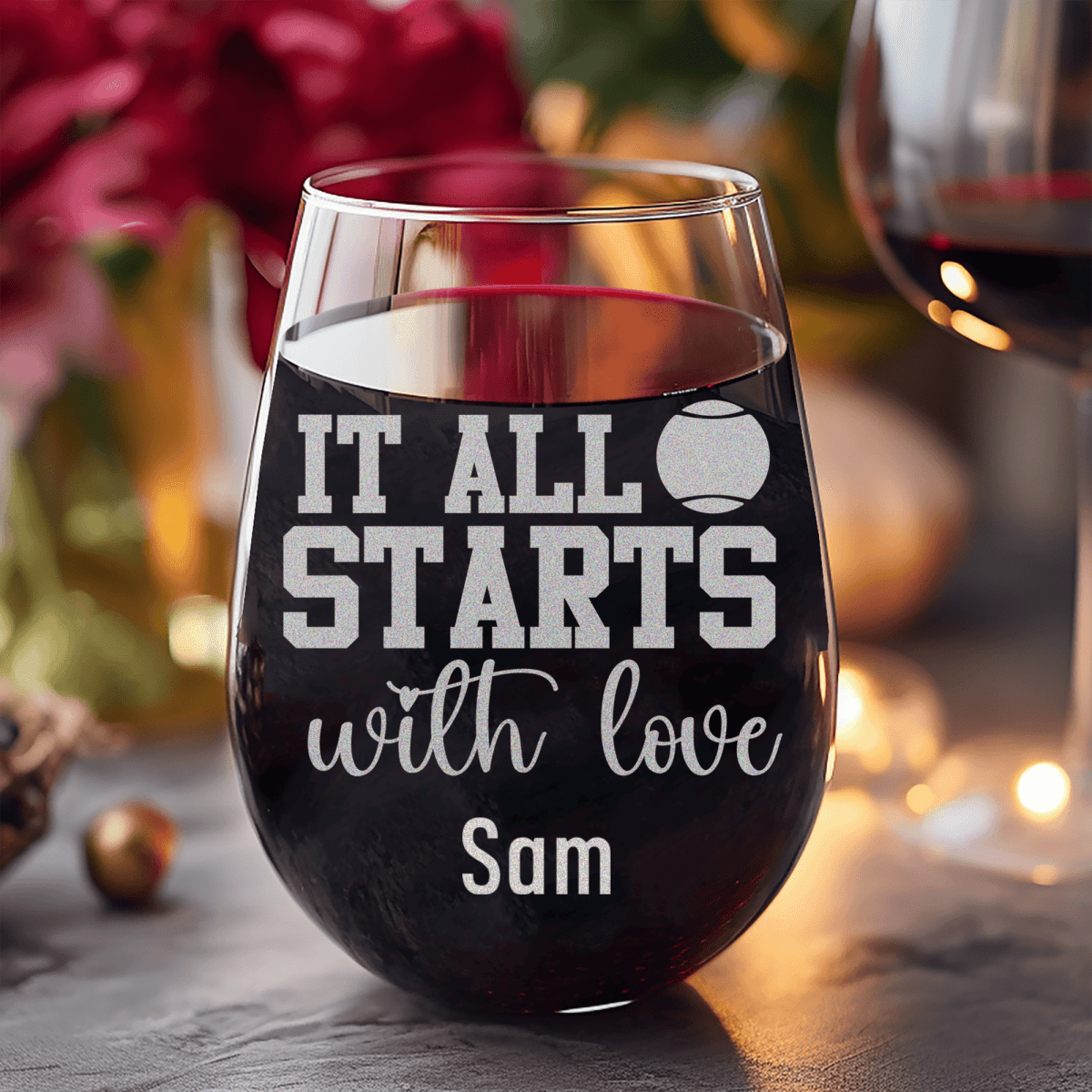Personalized Tennis Starts With Love Stemless Wine Glass for her, Customized Gifts for Women by Groovy Girl Gifts