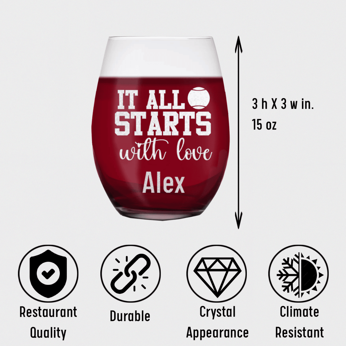 Personalized Tennis Starts With Love Stemless Wine Glass for her, Customized Gifts for Women by Groovy Girl Gifts