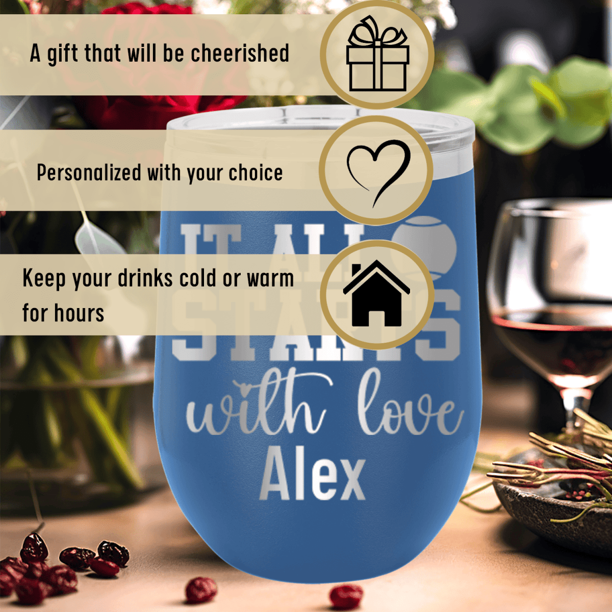 Personalized Tennis Starts With Love Wine Tumbler for her, Customized Gifts for Women by Groovy Girl Gifts