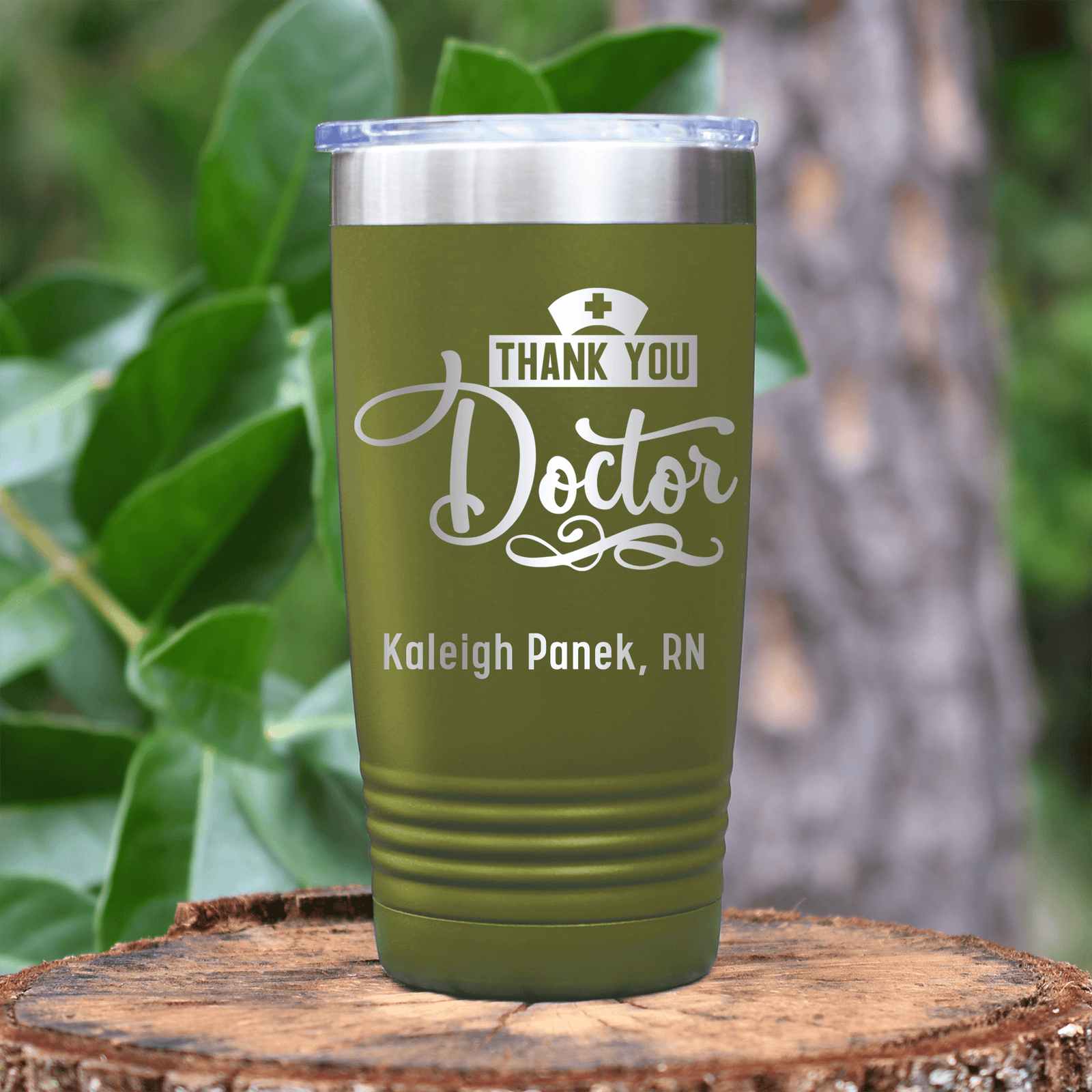 Military Green Nurse Tumbler With Thank You Doctor Design