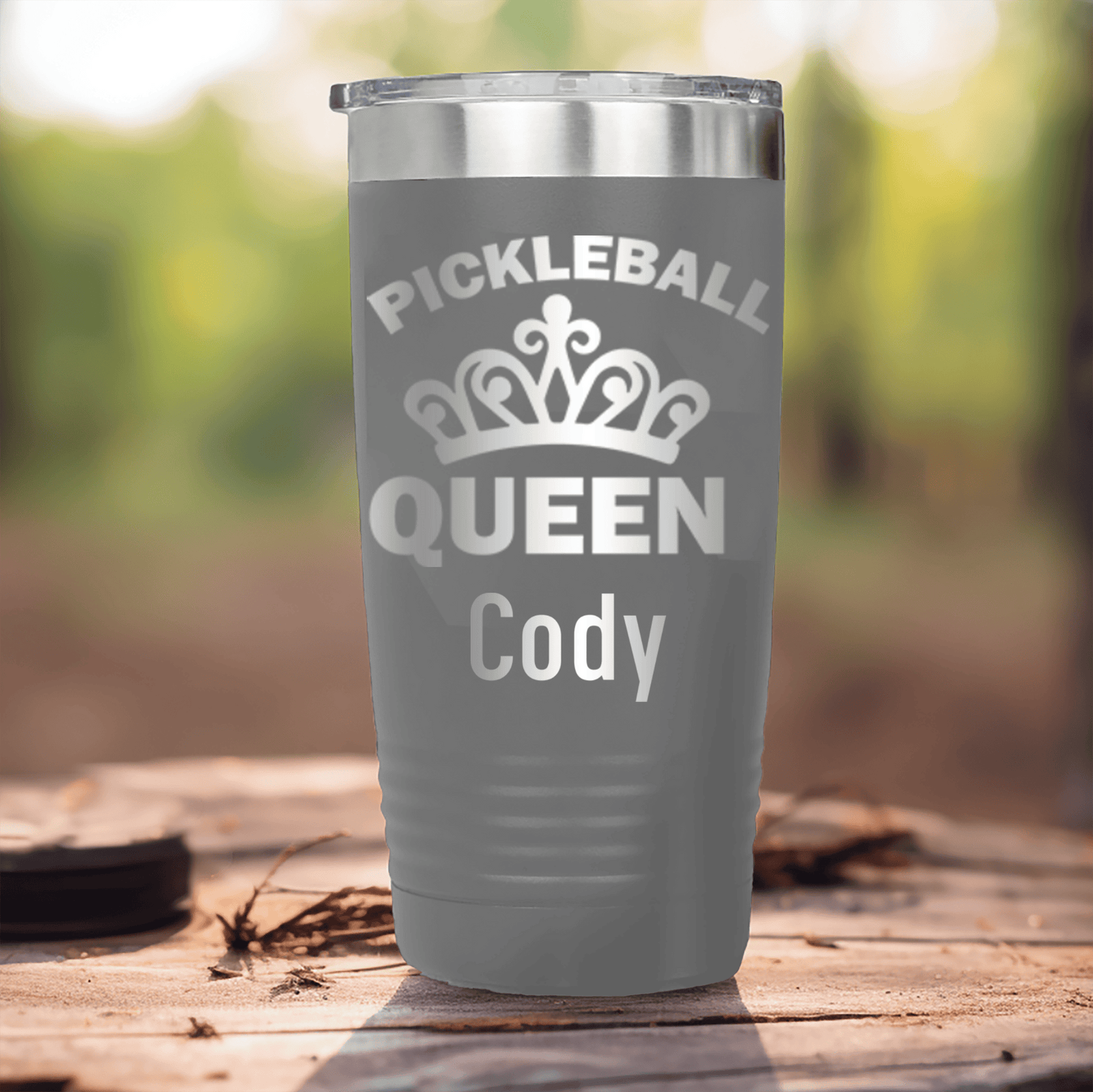 Grey Pickleball Tumbler With The Pickleball Queen Design
