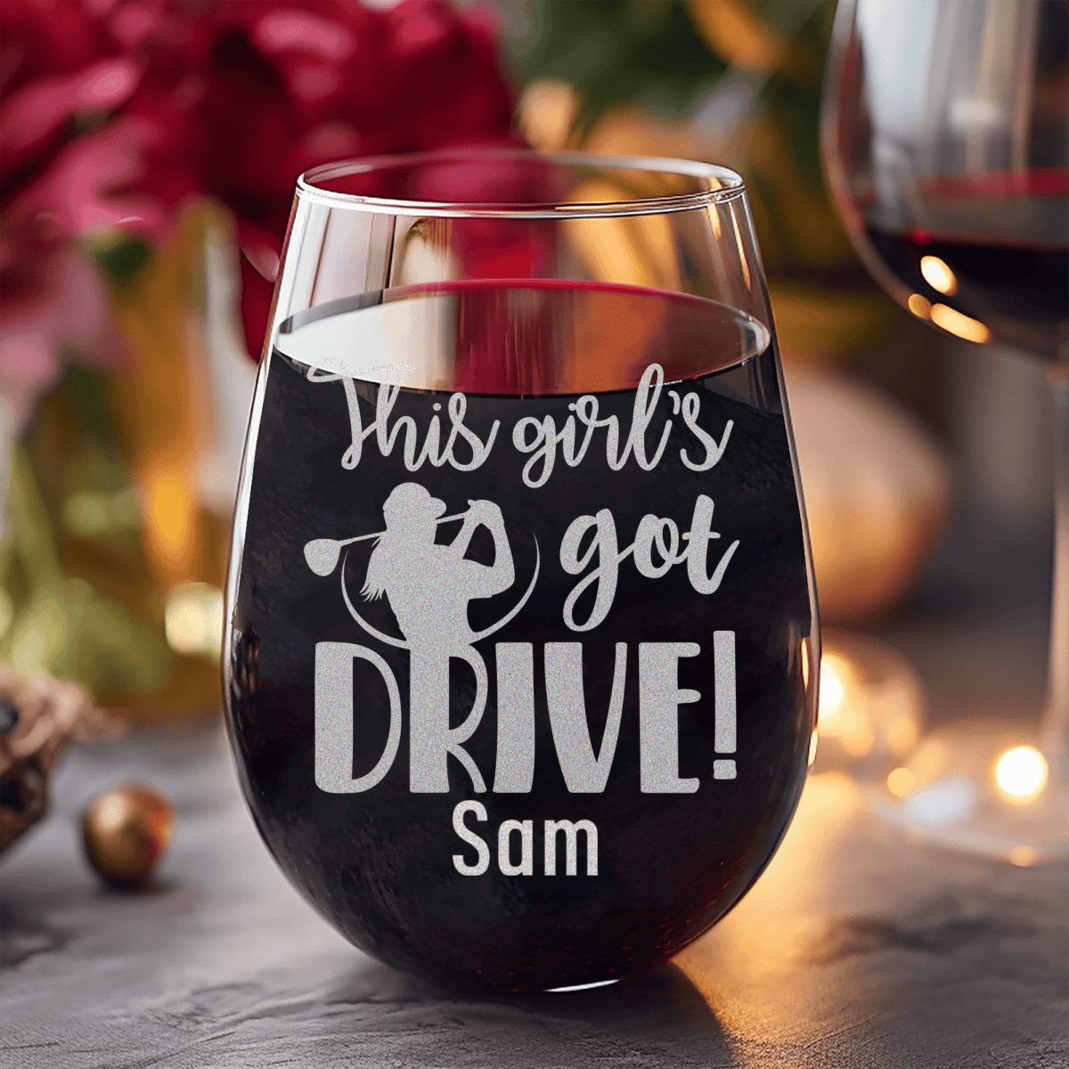 Personalized This Girls Got Drive Stemless Wine Glass for her, Customized Gifts for Women by Groovy Girl Gifts
