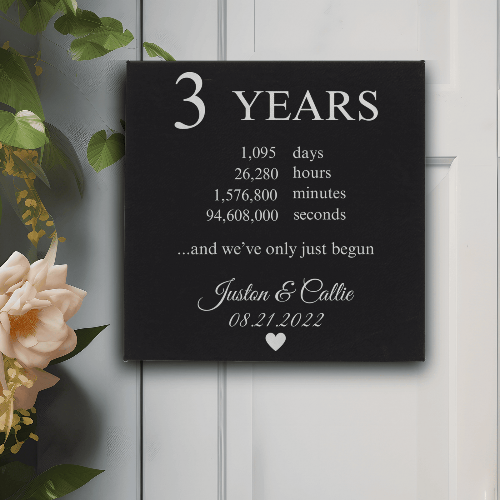 Black Silver Leather Wall Decor With Three Year Anniversary Design