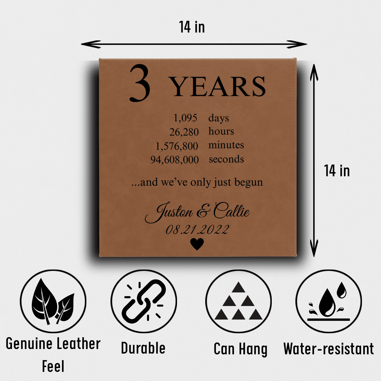 Personalized Three Year Anniversary Square Leather Wall Decor for her, Customized Gifts for Women by Groovy Girl Gifts