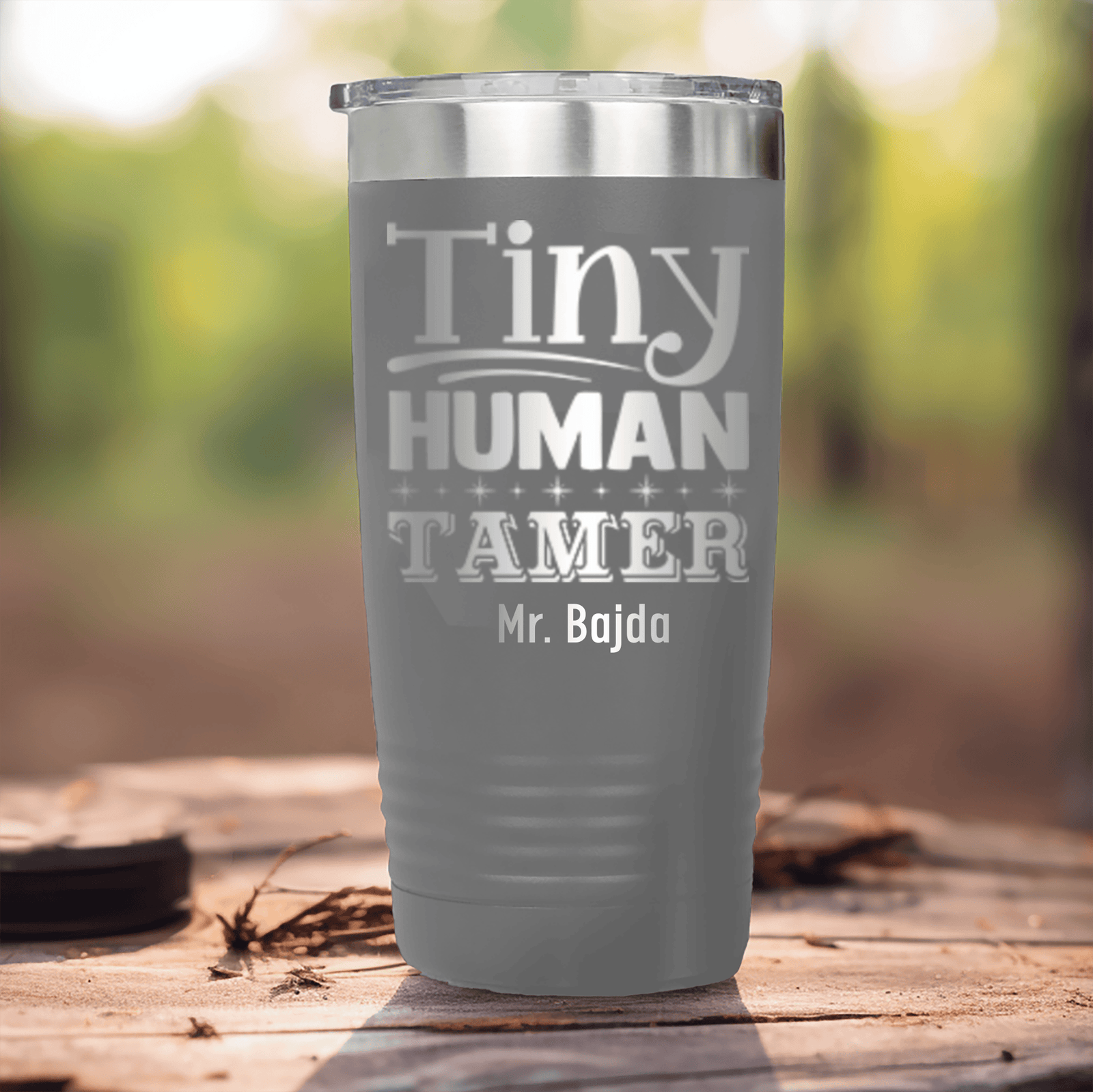 Grey Teacher Tumbler With Tiny Human Tamer Design