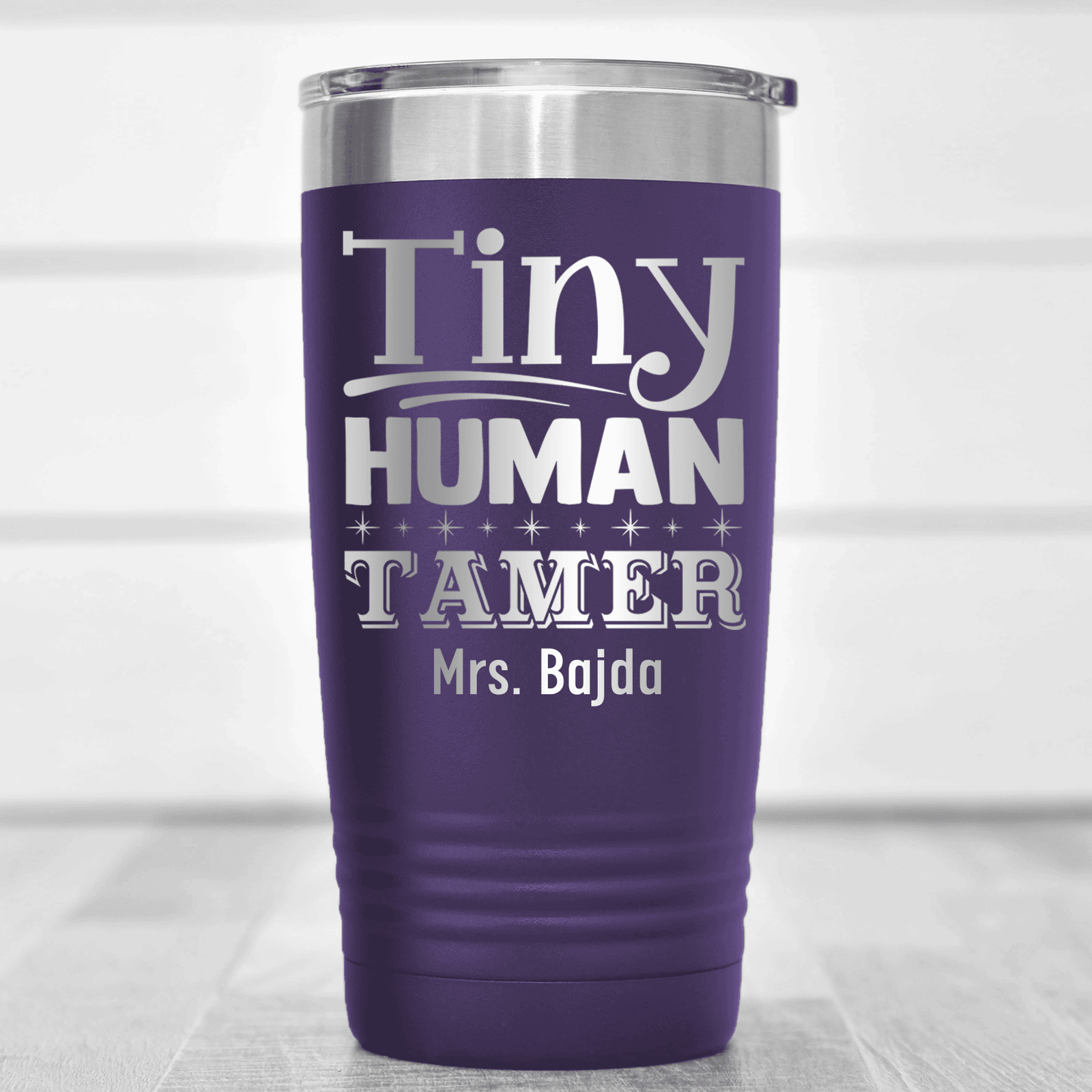 Purple Teacher Tumbler With Tiny Human Tamer Design