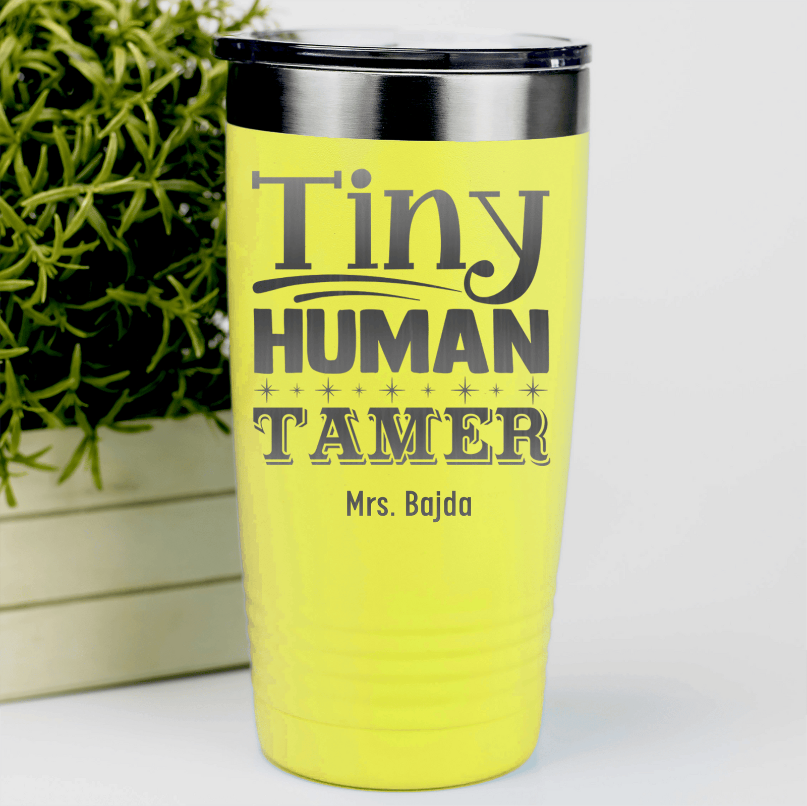 Yellow Teacher Tumbler With Tiny Human Tamer Design