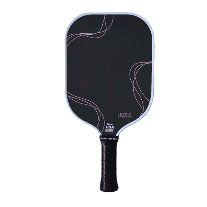 Black pickleball paddle with curved line design details and black grip handle, featuring LUXE branding and USA manufacturing mark.