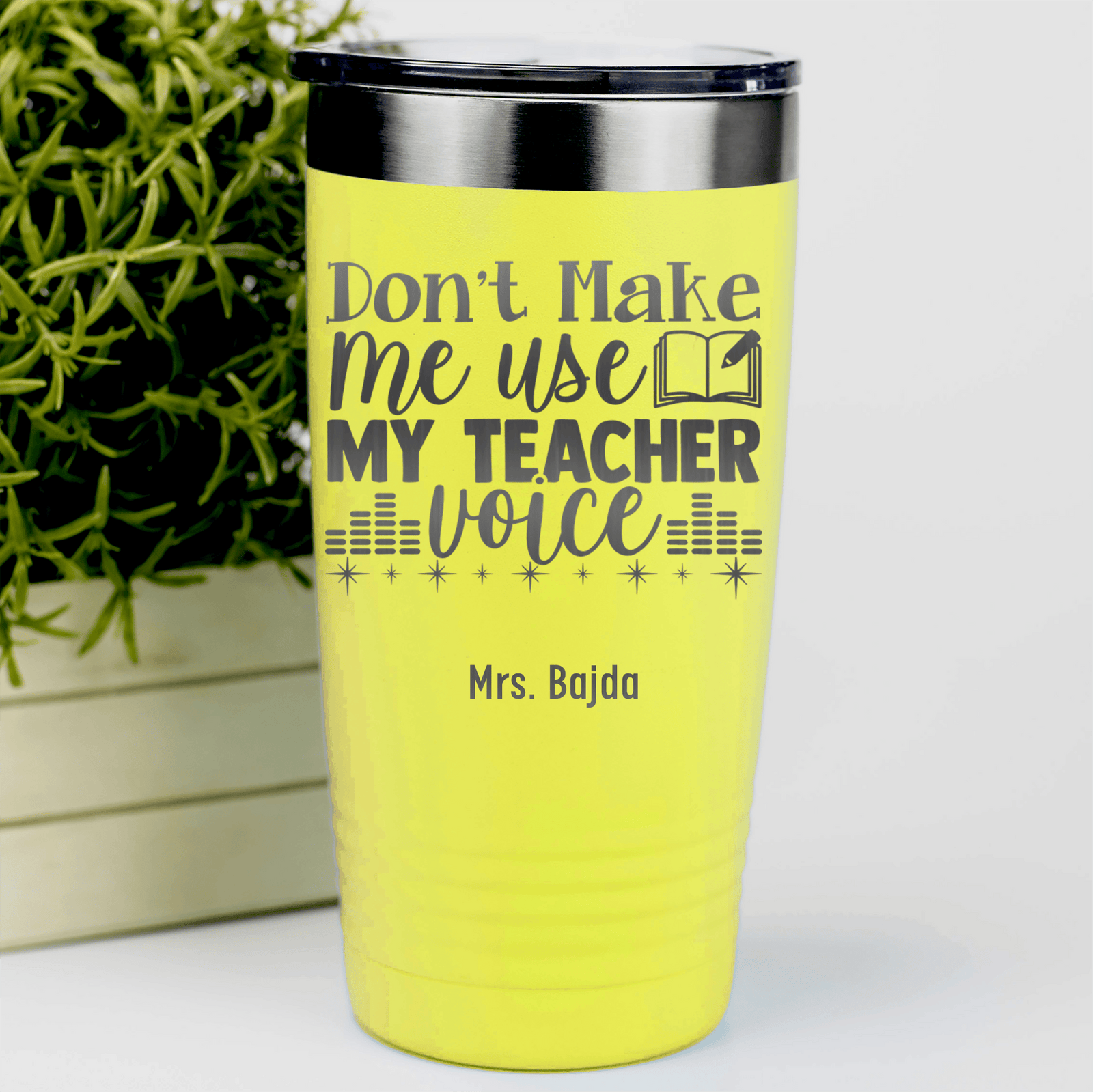 Yellow Teacher Tumbler With Use My Teacher Voice Design