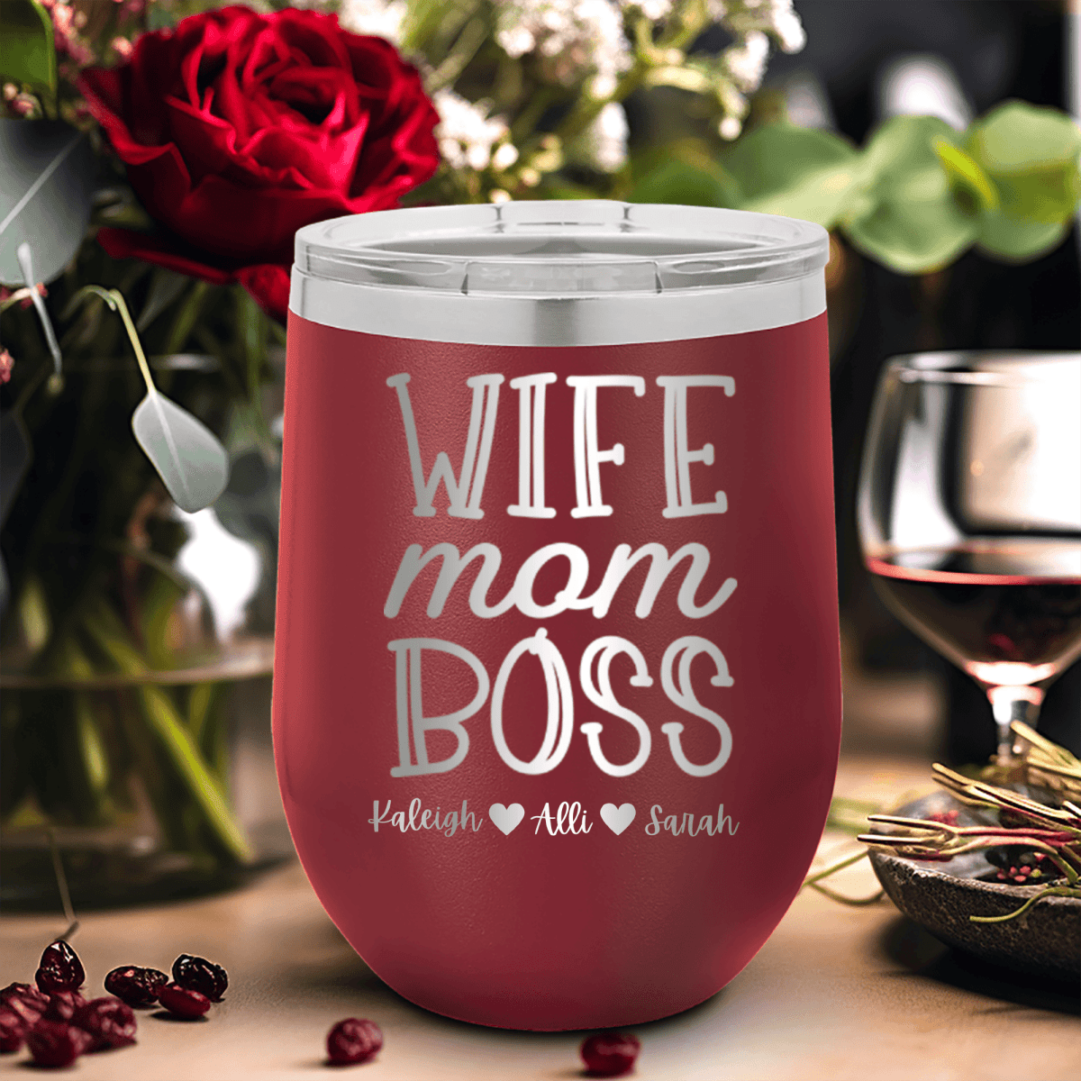 Personalized Wife Mom Boss Wine Tumbler for her, Customized Gifts for Women by Groovy Girl Gifts