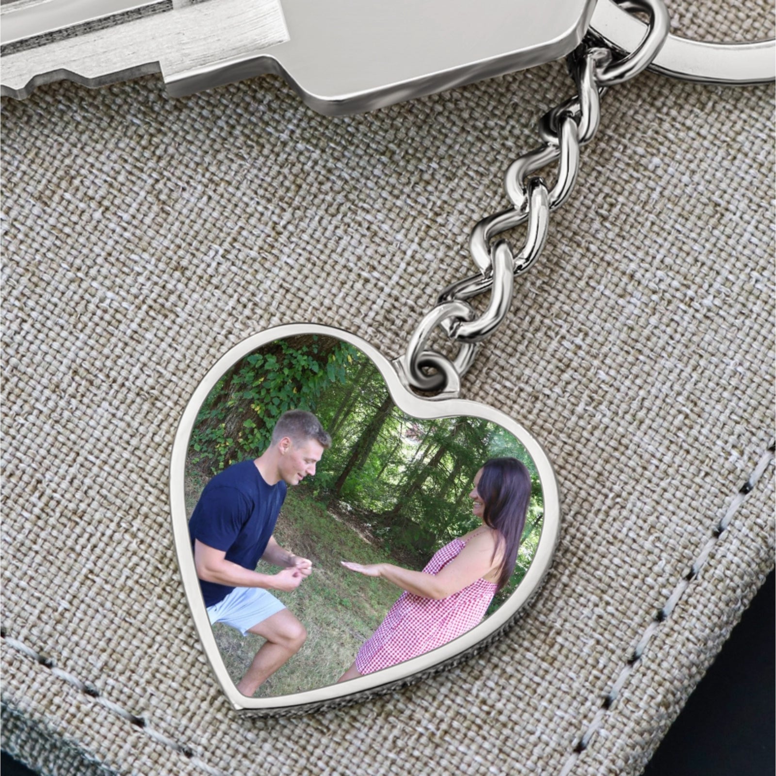 Personalized heart photo keychain for her with printed custom image in gold and silver finish