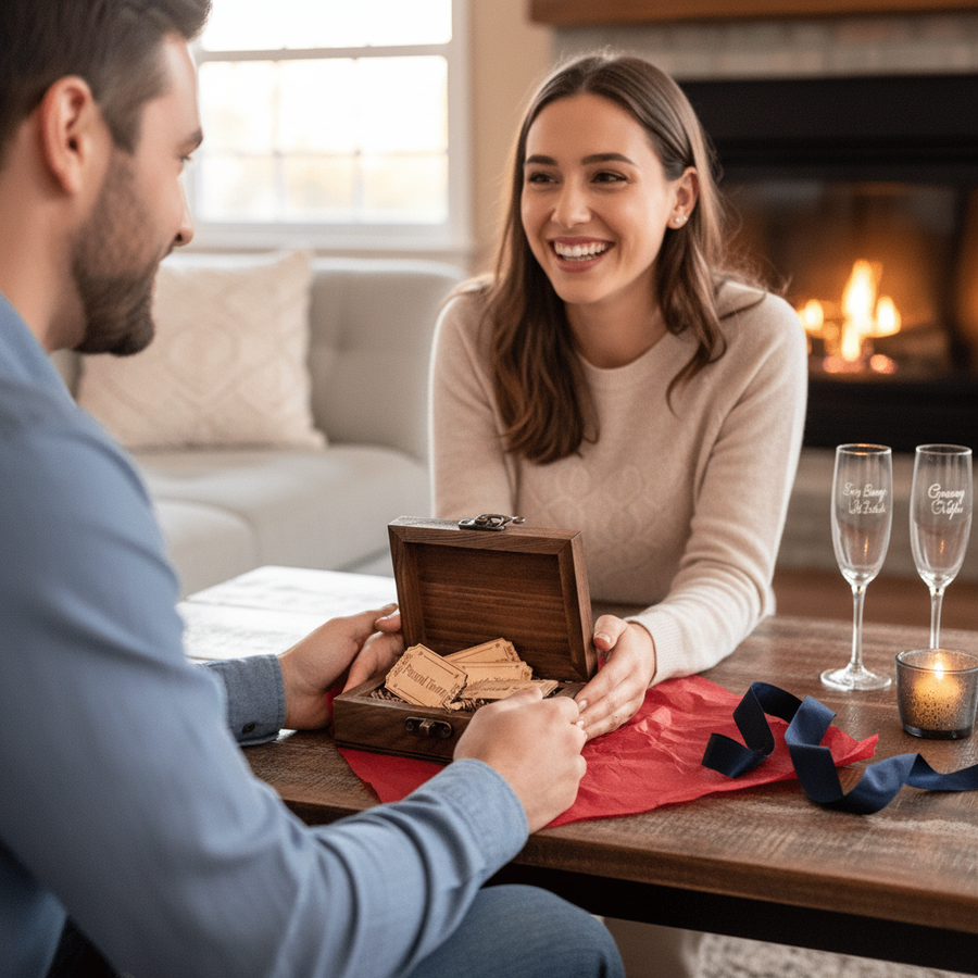 Wooden keepsake box with hinged lid containing laser-engraved sample tickets, displayed open on table with champagne flutes and red ribbon nearby