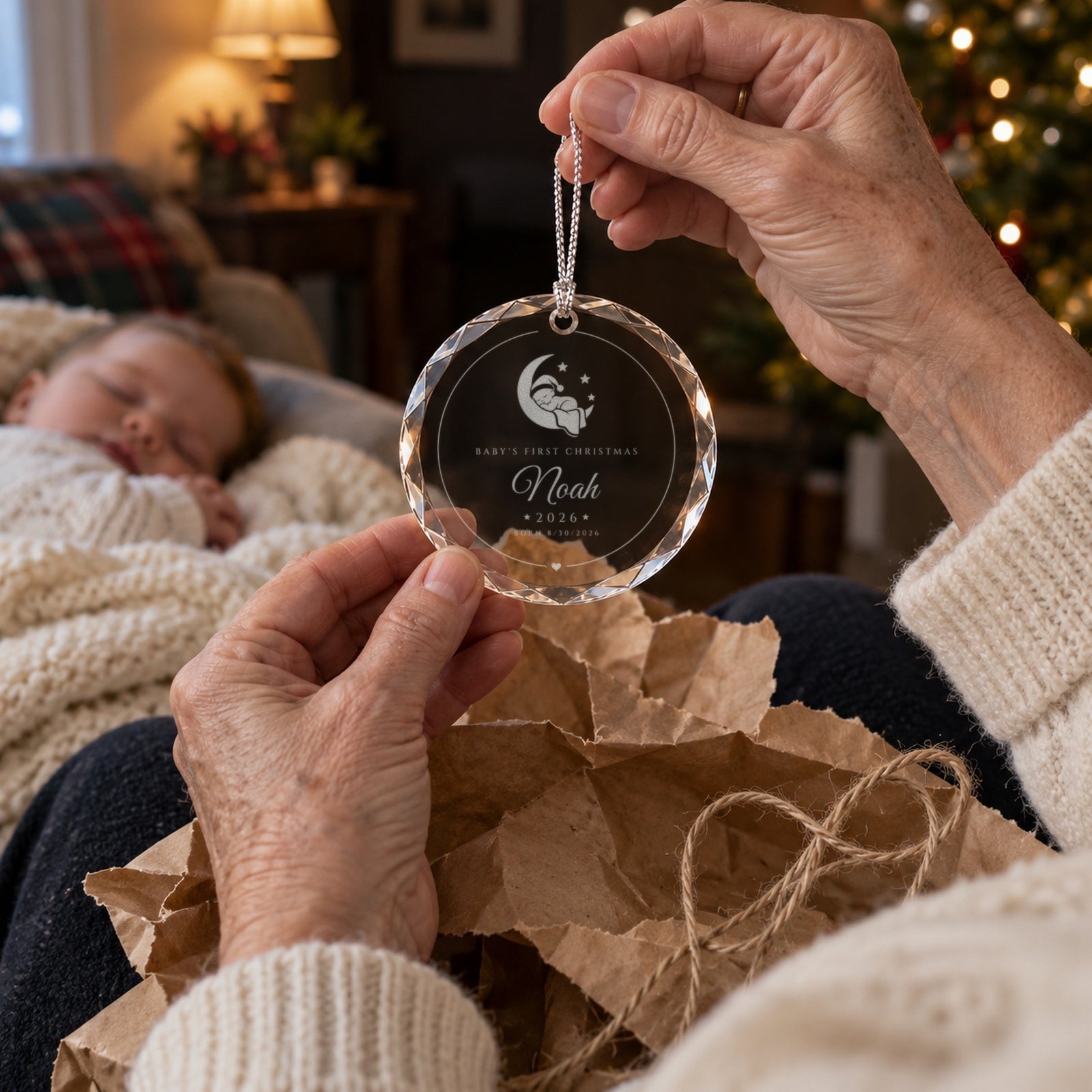 Grandma unwrapping the engraved baby's first Christmas ornament from kraft paper beside a sleeping baby, reading Noah, 2026, a gift for new parents