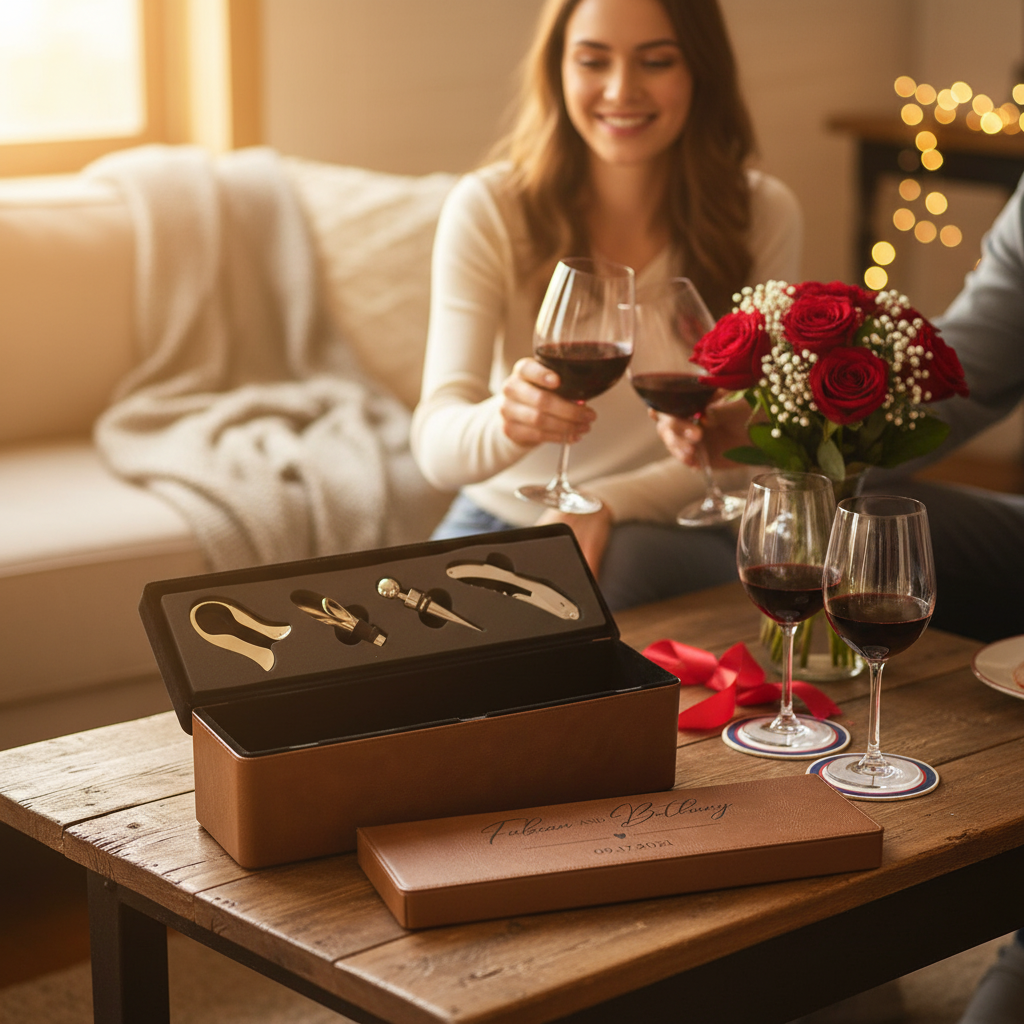 Tan leather wine box with magnetic top revealing gold wine tools, displayed on wooden table next to wine glasses and red roses, with sample engraving "Palawan Wedding" and date visible on front