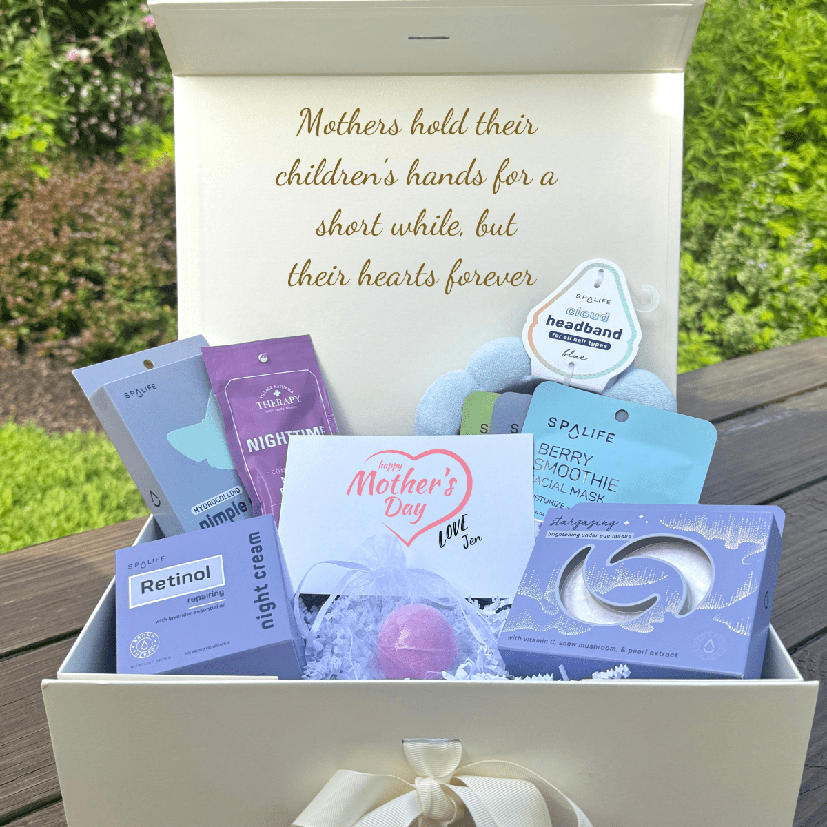 Personalized Mother’s Day spa gift box with custom message lid and skincare pampering items