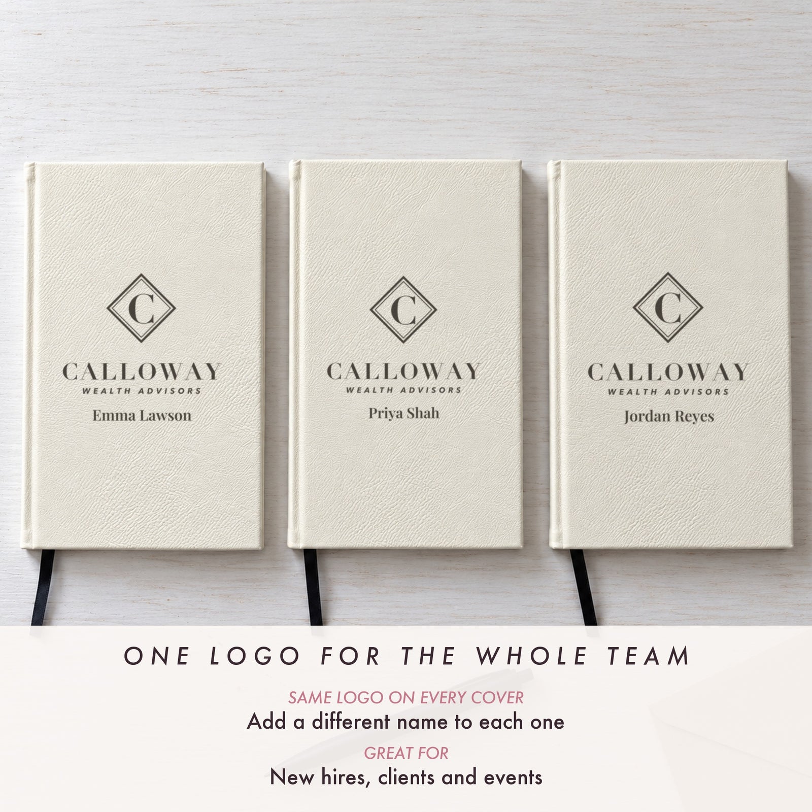 Three white journals engraved with the same company logo and a different name on each, Emma Lawson, Priya Shah and Jordan Reyes, as a team gift